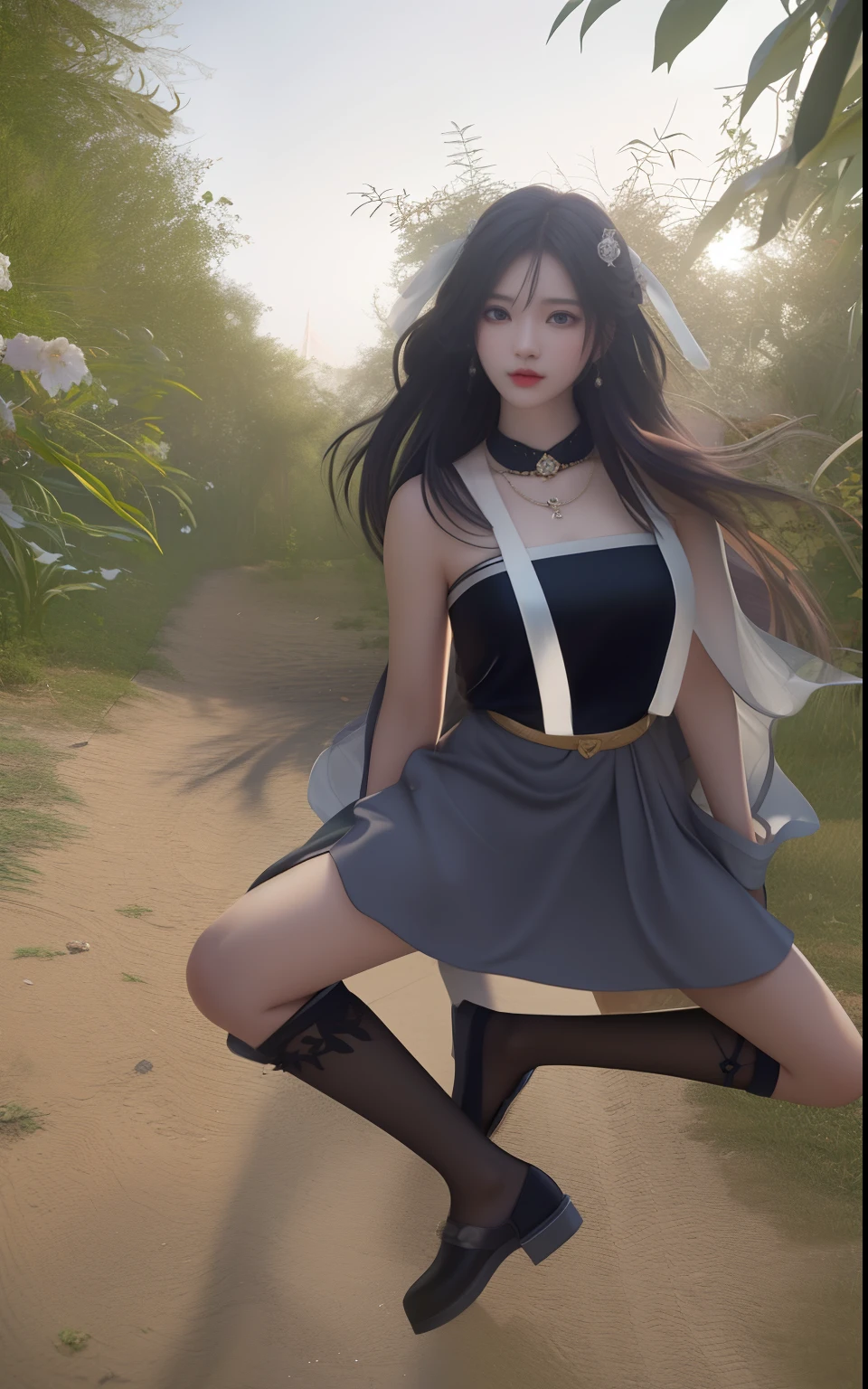 Best quality, masterpiece, high resolution, 1girl, porcelain dress, hair accessories, necklace, jewelry, beautiful face, on the body, Tyndall effect, realistic, dark studio, edge lighting, two-tone lighting, (high detail skin: 1.2), 8k UHD, dslr, soft light, high quality, volumetric light, candid, photo, high resolution, 4k, 8k, background blur,