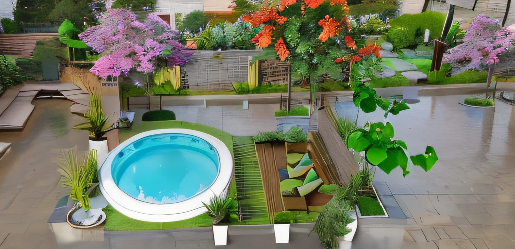 a view of a small pool in a garden with a lot of trees, realistic garden, 3d landscape, 3 d landscape, isometric view!!!!, 3 d scene, 3d scene, render 3 d, 3d render, 3 d render, 3d finalrender, 3 d finalrender, garden environment, 3 d design, 3d design, 3d rendering