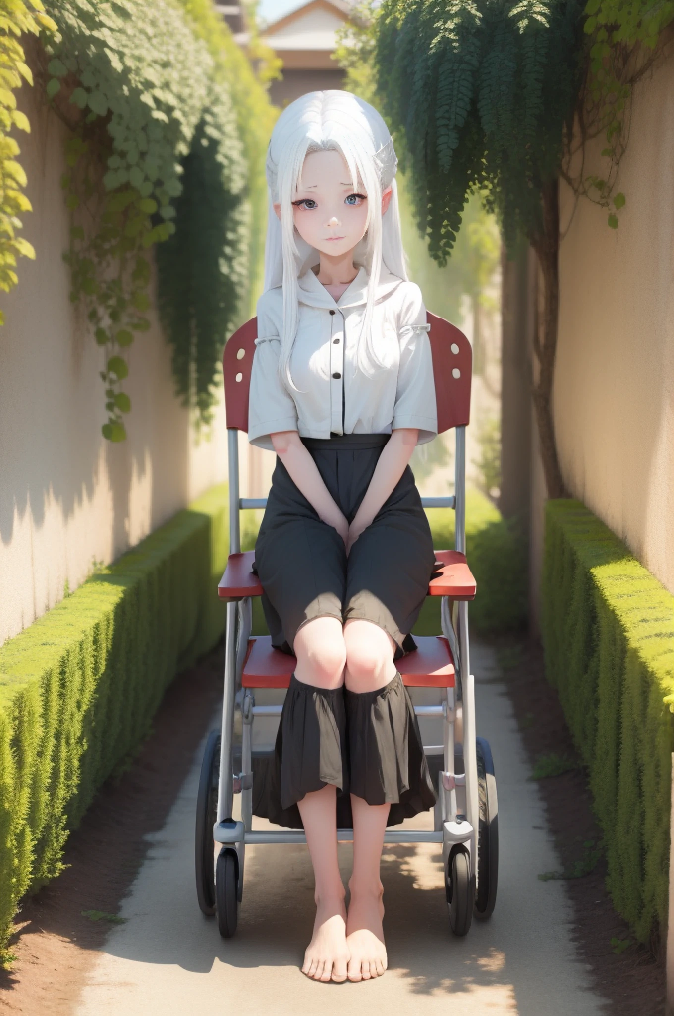 Anime girl with white hair sitting in chair, red color eyes,Barefoot,Wheelchair upright, Hanging bottle, Garden background