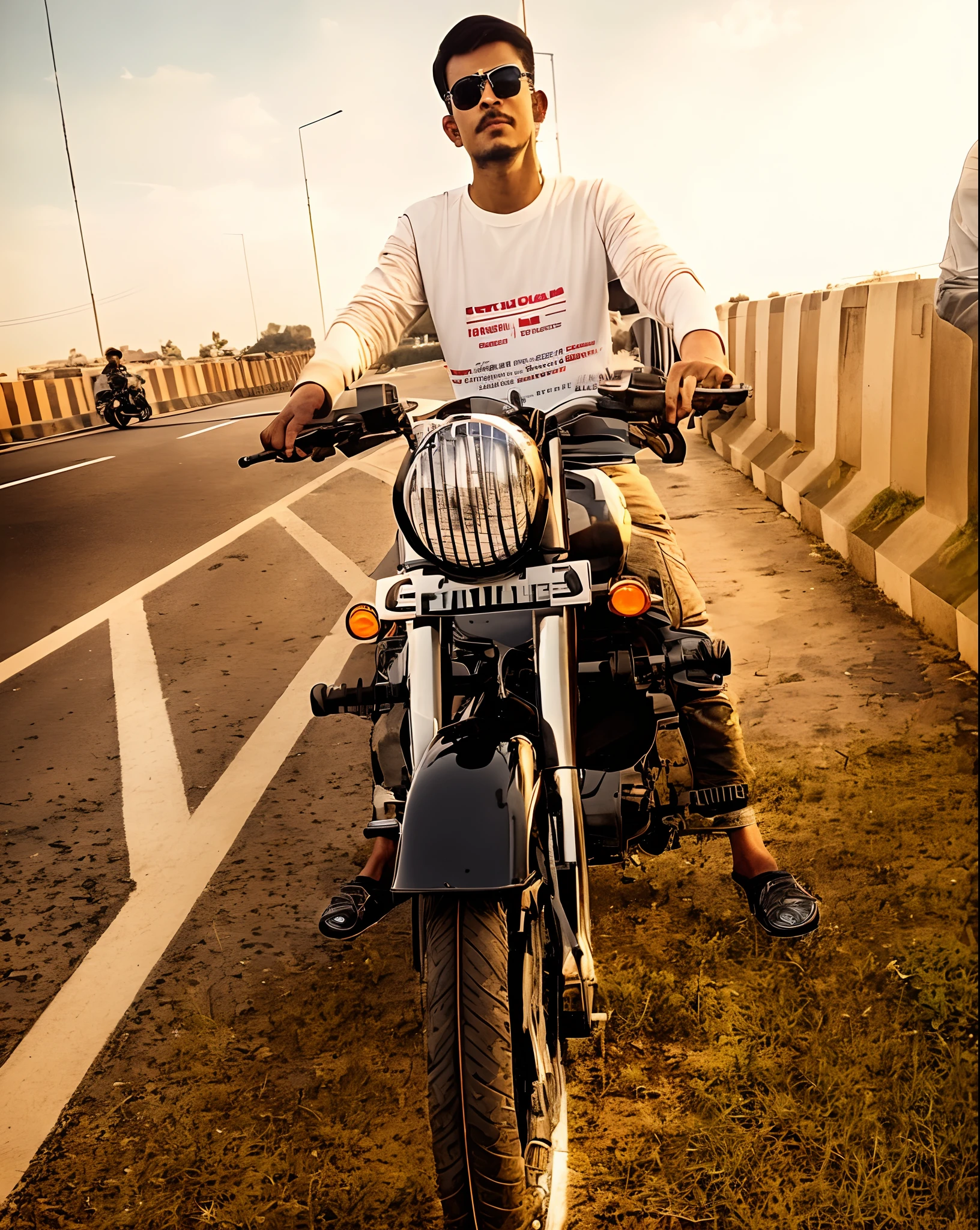 there is a man sitting on a motorcycle on the street, without helmet, riding on the road, indian, candid picture, front profile!!!!, !! low contrast!!, on a road, touring, motorbiker, by Odhise Paskali, biker, riding a motorbike, riding a motorcycle, symmetry!! full shot!!, stylish pose, symmetric!!, motorcycle