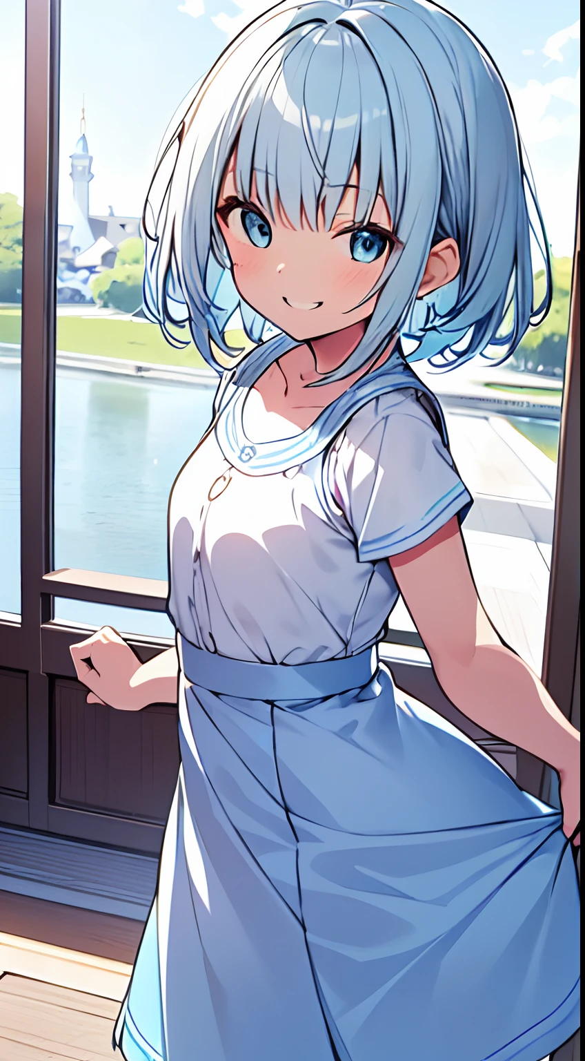 masutepiece, Best Quality,Illustration, Wallpaper, Ultra Detail, absurderes, 1loli,Solo,Beautiful detailed eyes,
Bangs, Medium Short-Cut Hair, (nffsw)、(((Light blue and white skirt)))、((Full smile))、((Small curvaceous))