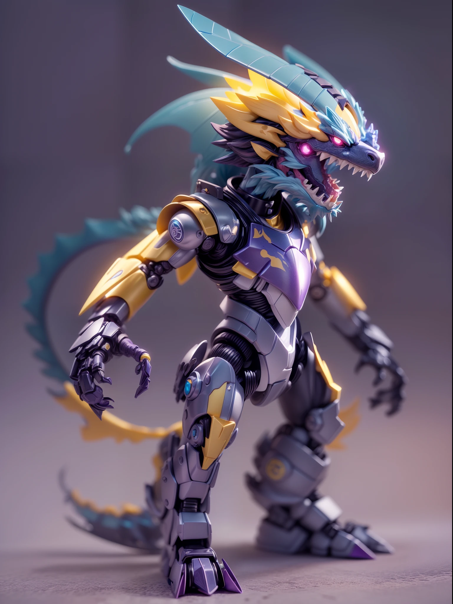 (Blind box toy style:1.3),((Full body shot))(anthropomorphism) , (1 strong Chinese dragon mecha warrior)(((solo))) metal mecha,dreamy glow, Clean dark background,Purple yellow style,(circular base)( Global illumination, Ray tracing, hdr, unreal render,reasonable design, high detail, Masterpiece, Best quality, hyper HD, Cinematic lighting)