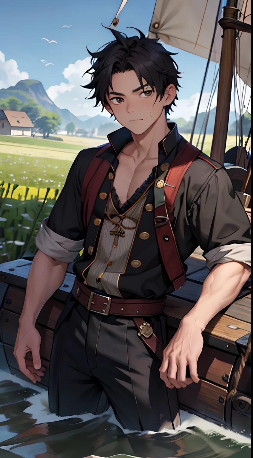 (masutepiece, Best Quality),1boy,(16 year old boy,child-faced),Full-length statue of a pirate,delicate big eyes,Open your eyes,smooth and delicate skin,infancy,young age,short round face,Flat chin,finely detaild face,Muscular arms,shorth hair,vivd colour,(depth of fields:1.2),looking at viewert,(on a pirate ship:1.2)