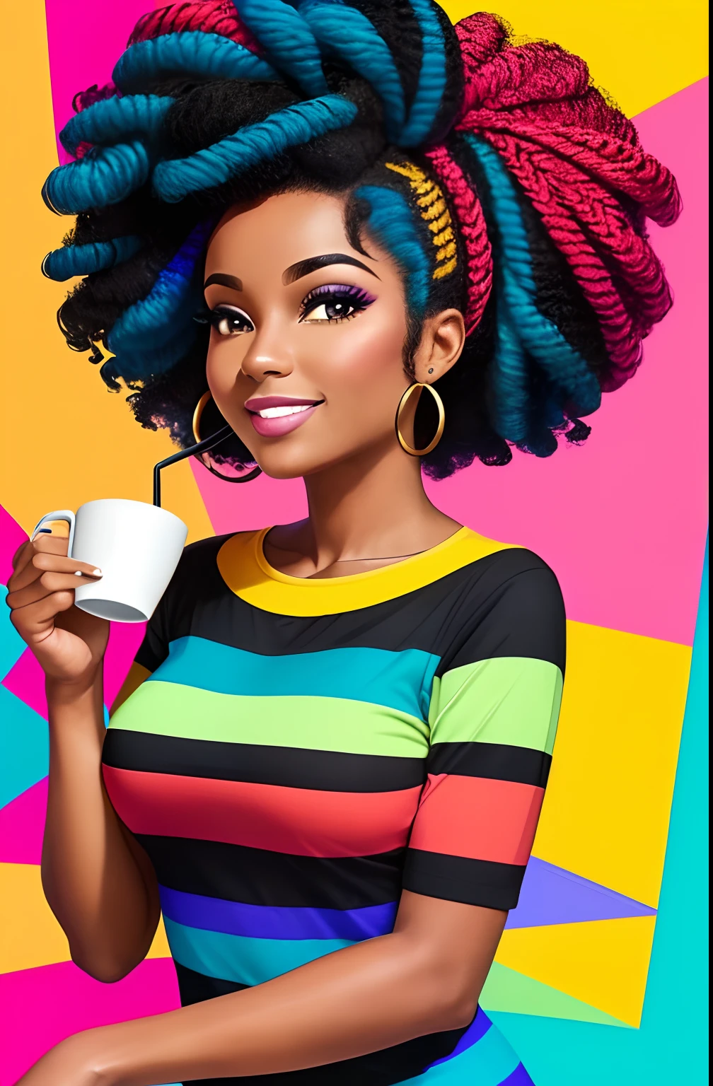 (A BEAUTIFUL BLACK WOMAN, HAPPY HAIR, VERY CURLY AND VOLUMINOUS, WITH THE TIPS LIGHT, WITH A GOOD CUP OF COFFEE COMING OUT SMOKE IN HER HAND;, Beautiful cup ,Coloridas ,pink and blue and yellow WRITTEN WE COOFFE IN THE CUP ), Eduardo Kobra ,Romero Brito,The Filling Twins ,multidimensional geometric wall PORTRAIT, arte, Chibi,
Yang08k, lindo, Colouring,
Primary works, qualidade superior, melhor qualidade, Arte Oficial, Beautiful and Aesthetic, 128 mil