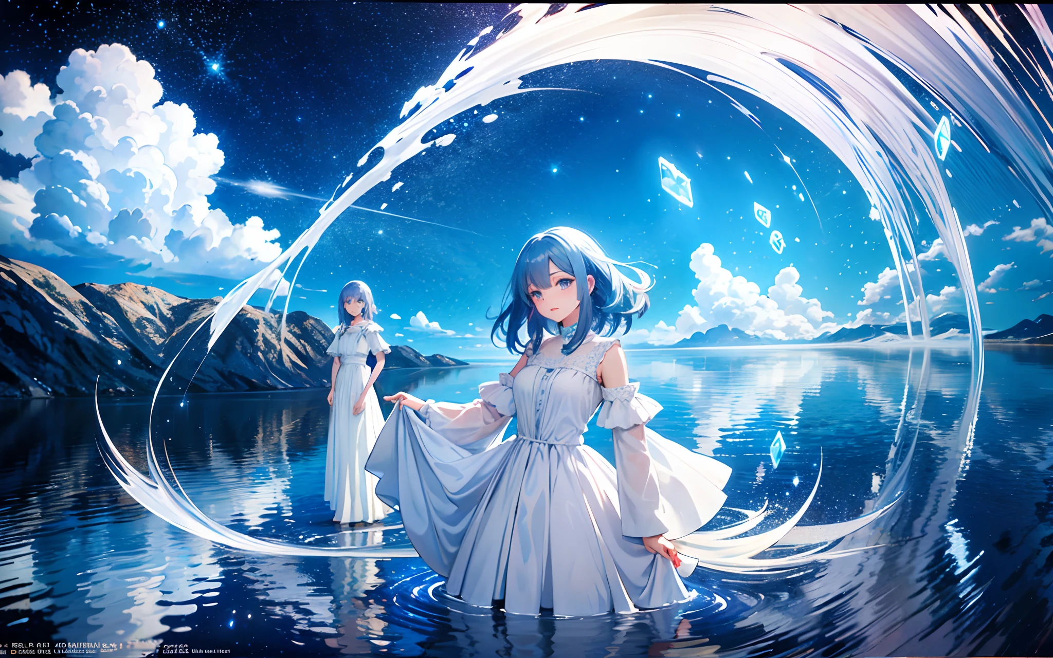 absurdres, highres,, (official art, beautiful and aesthetic:1.2),
1girl, blue hair, middle hair, blue eyes, shining eyes,
white long dress, Blue Frill,
blue sky, Sparkling Galaxy, (Salar de Uyuni:1.2),
(Surrealism:1.15), (fractal art:0.3),
water effects, ripple effects, (flower effects:0.65), light effects,