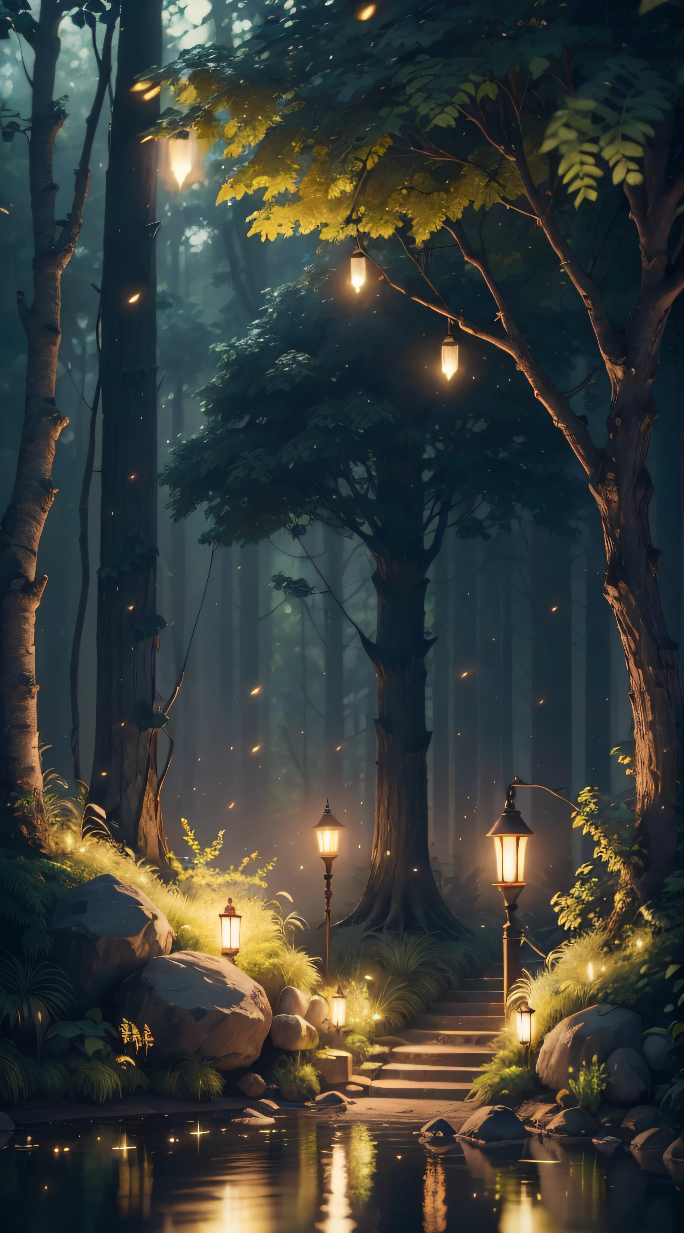 Masterpiece, best quality, (very detailed CG unity 8k wallpaper), (best quality), (best illustration), (best shadows), glow sprite, with a glowing , in the swimming pool Drinking water, natural elements in the forest theme. Mysterious forest, beautiful forest, nature, surrounded by flowers, delicate leaves and branches surrounded by fireflies (natural elements), (jungle theme), (leaves), (twigs), (fireflies), (particle effects) etc. 3D , Octane rendering, ray tracing, super detailed