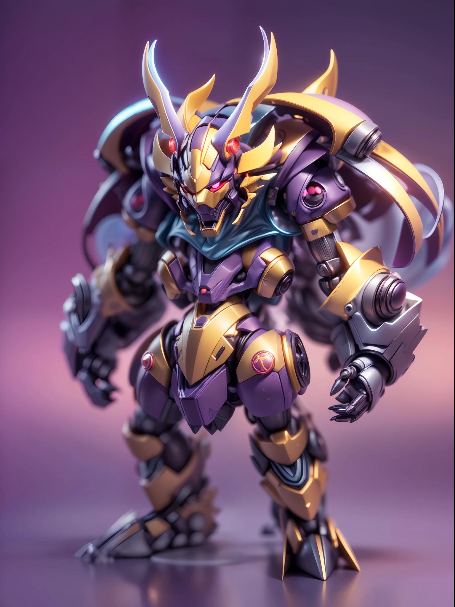 (Blind box toy style:1.3),((Full body shot))(anthropomorphism) , (1 strong Chinese dragon mecha warrior)(((solo))) metal mecha,dreamy glow, Clean dark background,Purple yellow style，(circular base）( Global illumination, Ray tracing, hdr, unreal render,reasonable design, high detail, Masterpiece, Best quality, hyper HD, Cinematic lighting)