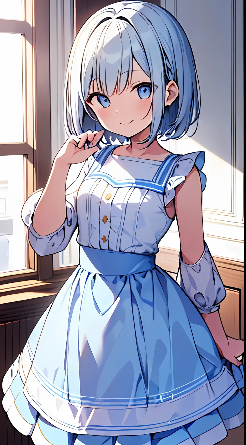 masutepiece, Best Quality,Illustration, Wallpaper, Ultra Detail, absurderes, 1loli,Solo,Beautiful detailed eyes,
Bangs, Medium Short-Cut Hair, (nffsw)、(((Light blue and white skirt)))、Flipped skirt、((Full smile))、((Small curvaceous))