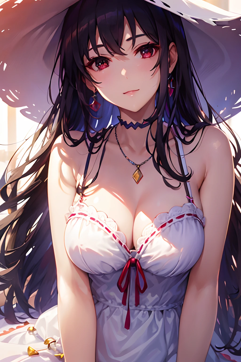 best quality, masterpiece, ph utaha, 1girl, solo, hat, jewelry, long hair, dress, smile, wrist scrunchie, breasts,full body sun hat, necklace, choker, white background, simple background, red eyes, scrunchie, white headwear, cleavage, black hair, white dress, sleeveless, ribbon, blush, hands on headwear, pendant, medium breasts, sleeveless dress, purple hair, brown eyes, collarbone, large breasts, bare shoulders, bangs, (masterpiece:1.2, best quality), (finely detailed beautiful eyes: 1.2), (extremely detailed CG unity 8k wallpaper, masterpiece, best quality, ultra-detailed, best shadow), (detailed background), (beautiful detailed face, beautiful detailed eyes), High contrast, (best illumination, an extremely delicate and beautiful),((colourful paint splashes on transparent background, dulux,))