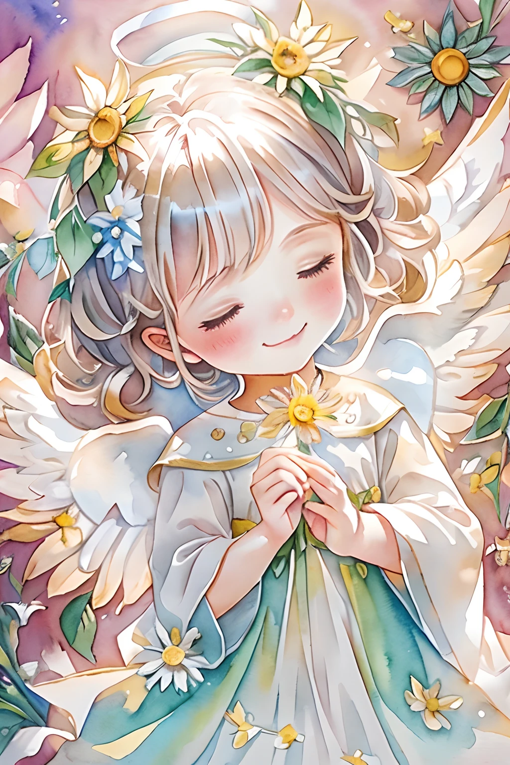 Blessings of Angels､Bright background、heart mark、tenderness､A smile、Gentle､Baby Angel、watercolor paiting、Sun flower