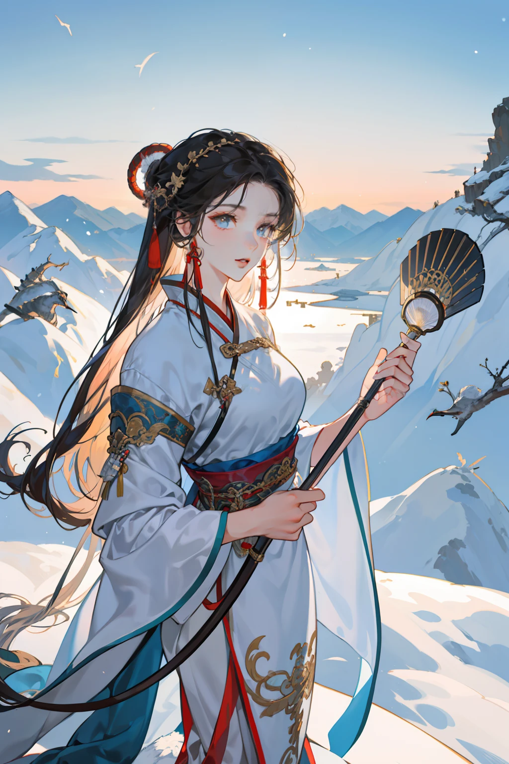 high high quality,fanciful,A beautiful ancient Chinese woman dressed in Hanfu armor,Hold a longbow in hand,Standing on top of a mountain overlooking the battlefield,Icy and snowy, goose feathers and snow,Surrounded by mountains and rivers,cinematric light,Cinema lenses,three point perspective,low-saturation,
