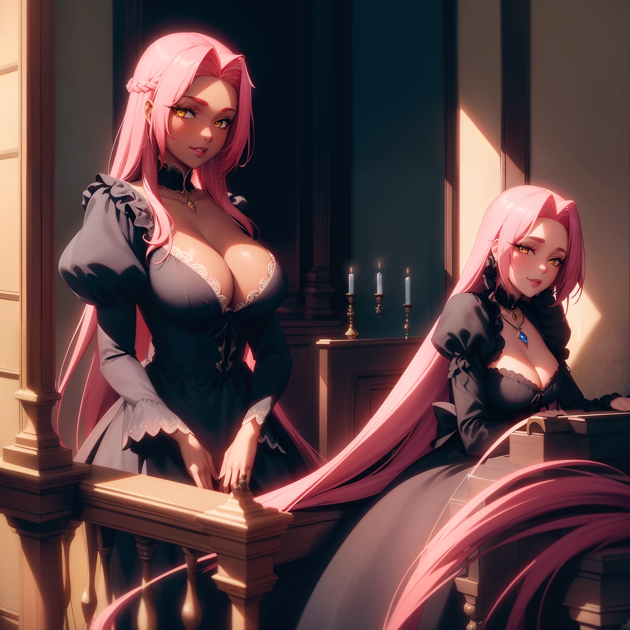(masterpiece, best quality:1.2), extremely detailed, soft ambient lighting, sharp focus, 4K, sunbeam, sun beam, god rays, 1girl, solo, Ingrid, mature female, dark-skinned female, dark skin, standing, upper body, pink hair, very long hair,, hair intakes, yellow eyes, long eyelashes, thick eyelashes, looking at viewer, smile, puffy lips, parted lips, black dress, puffy sleeves, juliet sleeves, long sleeves, cleavage, necklace, jewelry, renaissance, vintage, window, furniture,