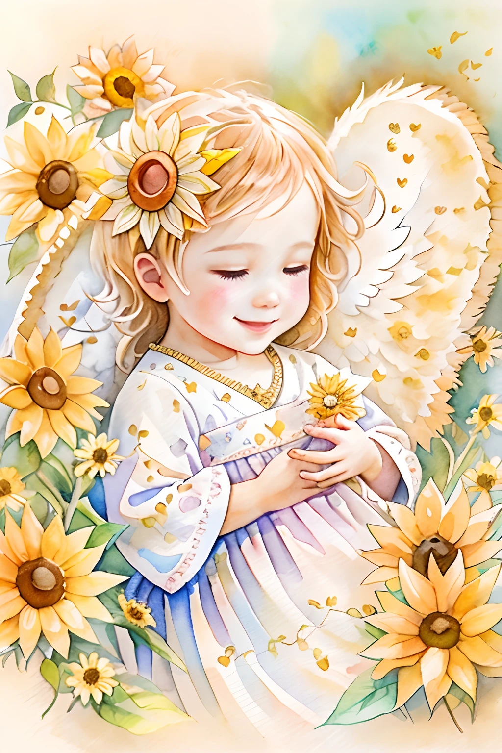 Blessings of Angels、Bright background、heart mark、tenderness、A smile、Gentle、 Angel、Sun flower、watercolor paiting