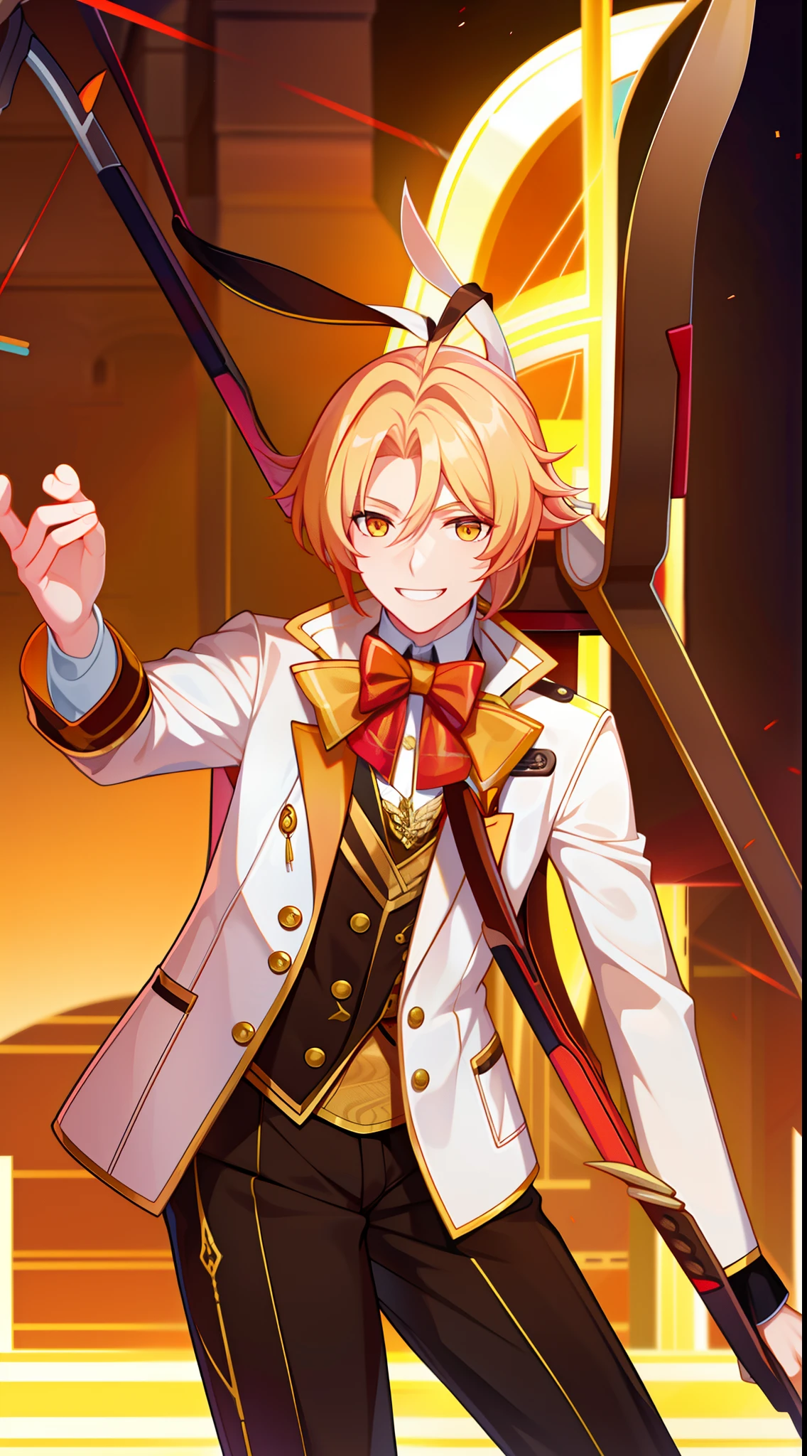 Young guy, blonde hair with brown strands, Yellow eyes, brown rabbit ears, Smile, Bow and arrow, Masterpiece, hiquality