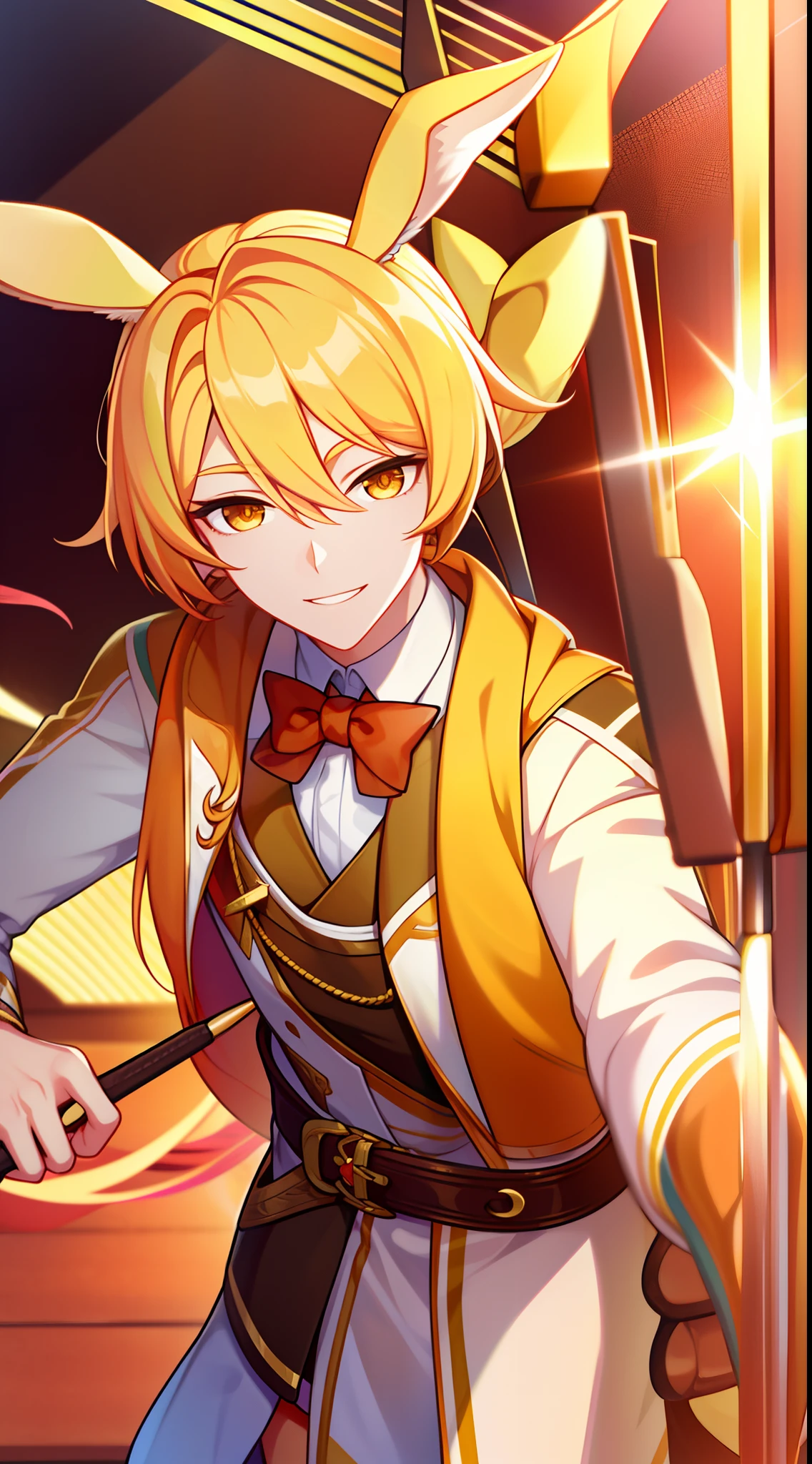 Young guy, blonde hair with brown strands, Yellow eyes, brown rabbit ears, Smile, Bow and arrow, Masterpiece, hiquality