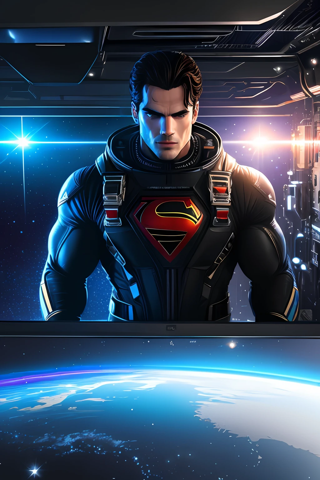 Henry Cavill, muscular, ciberpunk (masterpiece:1.2), at space, space station, (best quality), (ultra detailed), (8k, 4k, intricate),(highly detailed:1.2), laser flash,