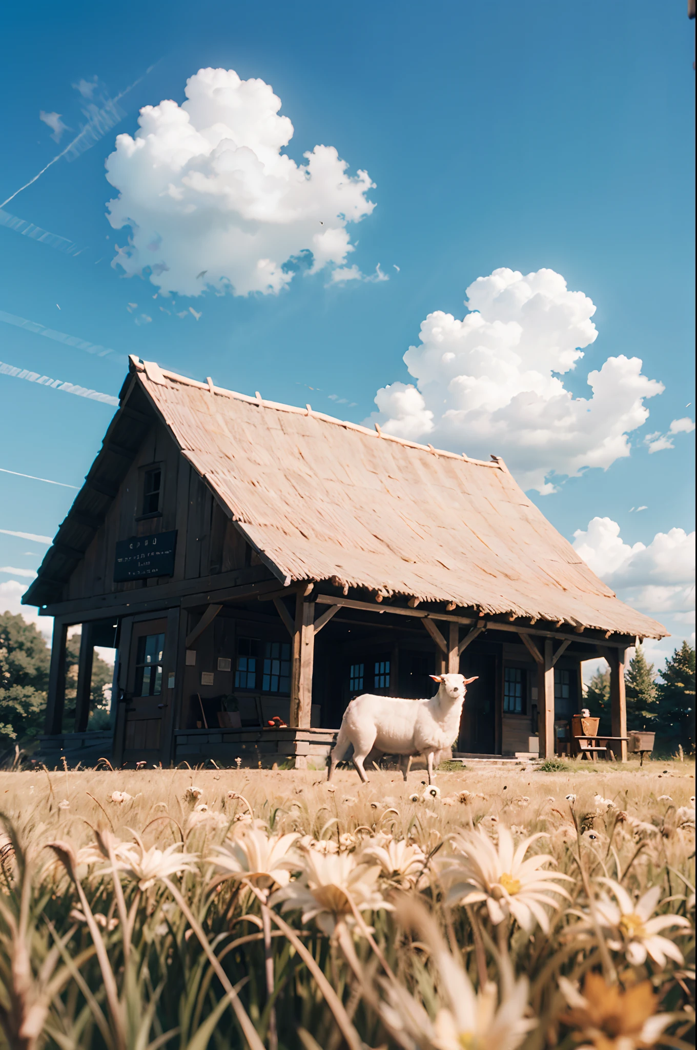 At that moment, the sheep called out to him, their bellies teeming with worms as they lay in the field. He, a shepherd, stood amidst a sky of flax, with a schoolhouse no larger than the palm of his hand. Let this scene come alive in an enchanting image, capturing the pastoral beauty and the connection between man and nature.