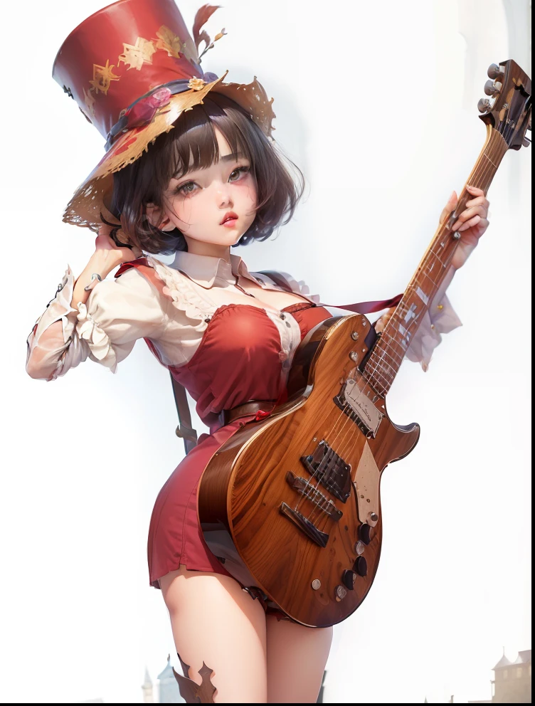 (top-quality、hight resolution、masterpiece:1.3)、Pretty girl、Dark hair、bob cuts、breastsout、White button-up shirt、(Medieval architecture in the background)、A detailed eye、二重まぶた、slightly fleshy thighs、kawaii faces、Mid-s