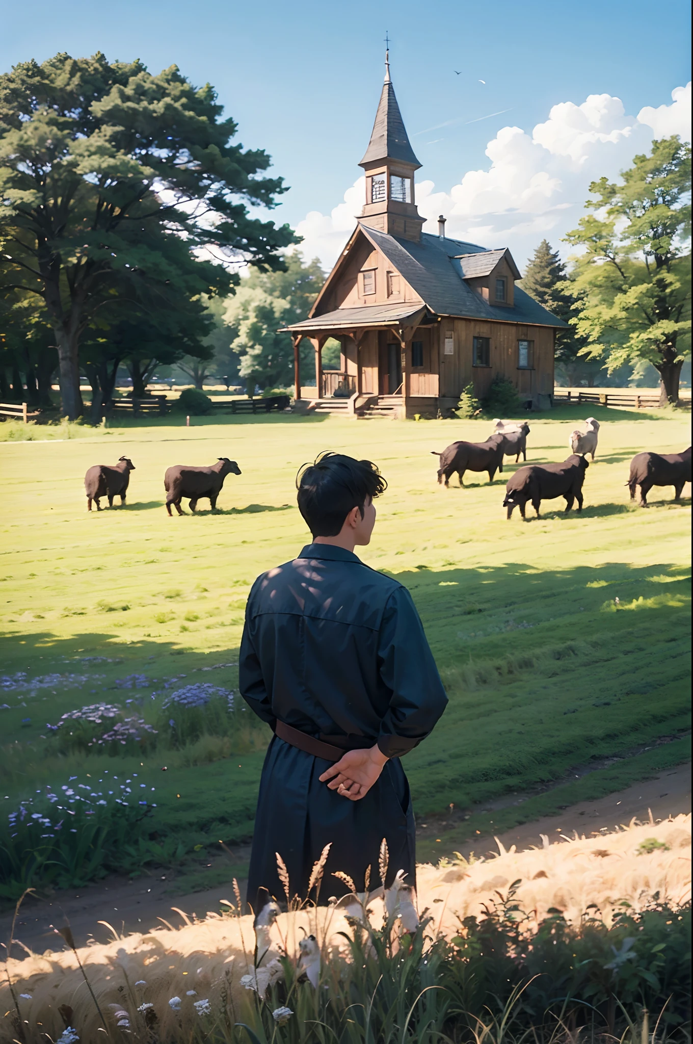 At that moment, the sheep called out to him, their bellies teeming with worms as they lay in the field. He, a shepherd, stood amidst a sky of flax, with a schoolhouse no larger than the palm of his hand. Let this scene come alive in an enchanting image, capturing the pastoral beauty and the connection between man and nature.