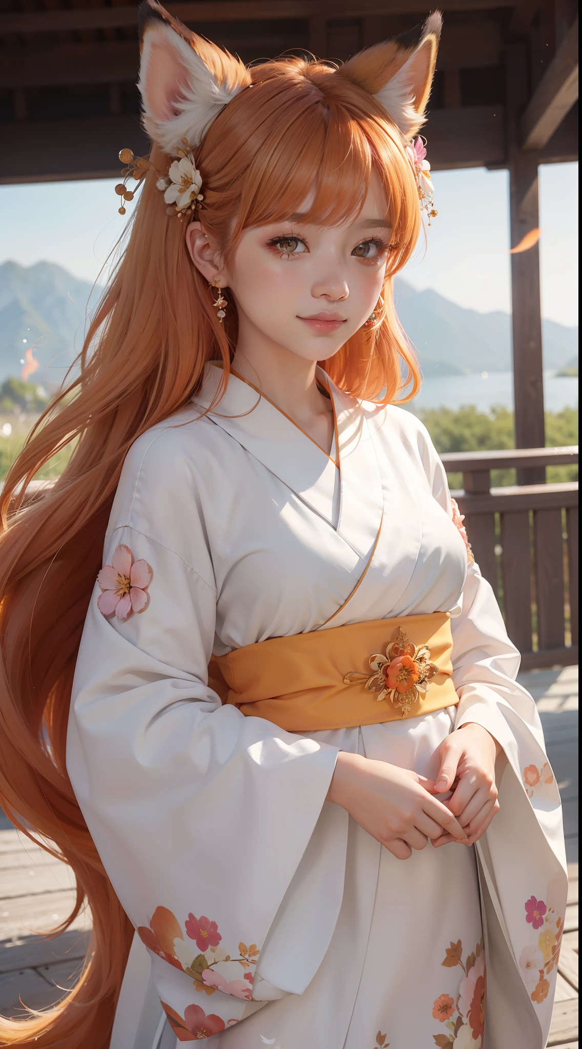 Masterpiece, Best quality, Highly detailed, 1girll, Solo, (:3:1.1), sanimal ear fluff, Animal ears, Orange hair, Fluffy hair, Blush, Brown eyes, flower, Fox ears, Fox girl, Gradient, Gradient background, hair flower, hair adornments, Japanese clothes, komono, view the viewer, miko, Smile, Solo, White kimono, Beautiful lighting, (Alena Ainami:1.3)