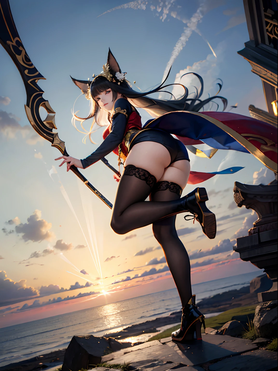 Royal Sister,swordsmen,Big sister type,Oriental women,gallant woman,Cold ass,tmasterpiece,A high resolution,,Absolutely beautiful,,looking toward the viewer,frontage,(Wide buttock:1.3),(Thick legs:1.4),are standing,exquisitedetails,A high resolution,Wallpapers,1female,独奏,,Enchanted, cruel grin,Ancient wind,Hanfu,,Black all over,Dark,is wearing a shorts,Wear boots,Wear knee-length cotton socks,Ro socks,Embroidery, natural poses,standing on your feet, Fanning,16k,hdr,A high resolution,depth of fields,Bocoon,prime time,Vignette,rainbowing