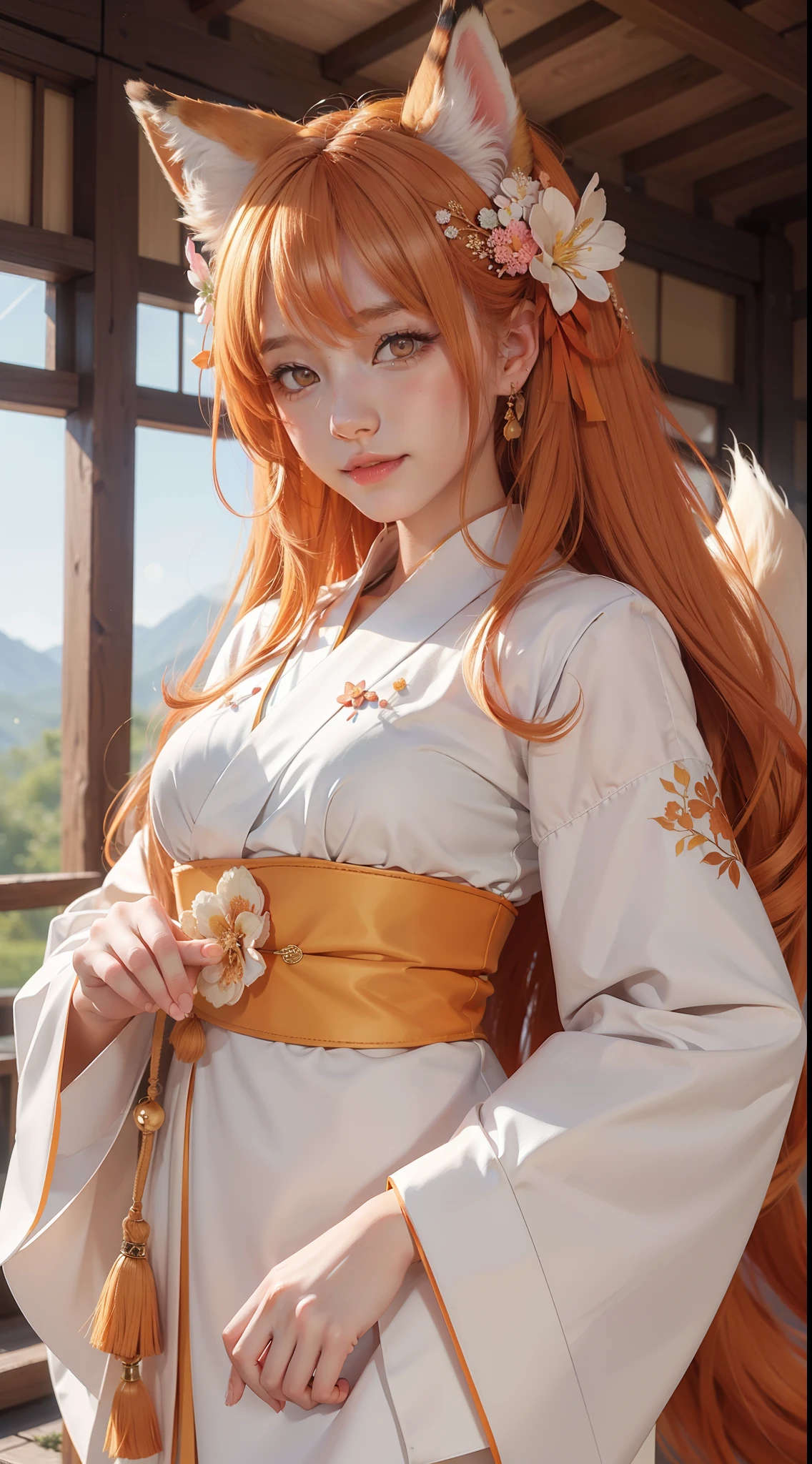 Masterpiece, Best quality, Highly detailed, 1girll, Solo, (:3:1.1), sanimal ear fluff, Animal ears, Orange hair, Fluffy hair, Blush, Brown eyes, flower, Fox ears, Fox girl, Gradient, Gradient background, hair flower, hair adornments, Japanese clothes, komono, view the viewer, miko, Smile, Solo, White kimono, Beautiful lighting, (Alena Ainami:1.3)