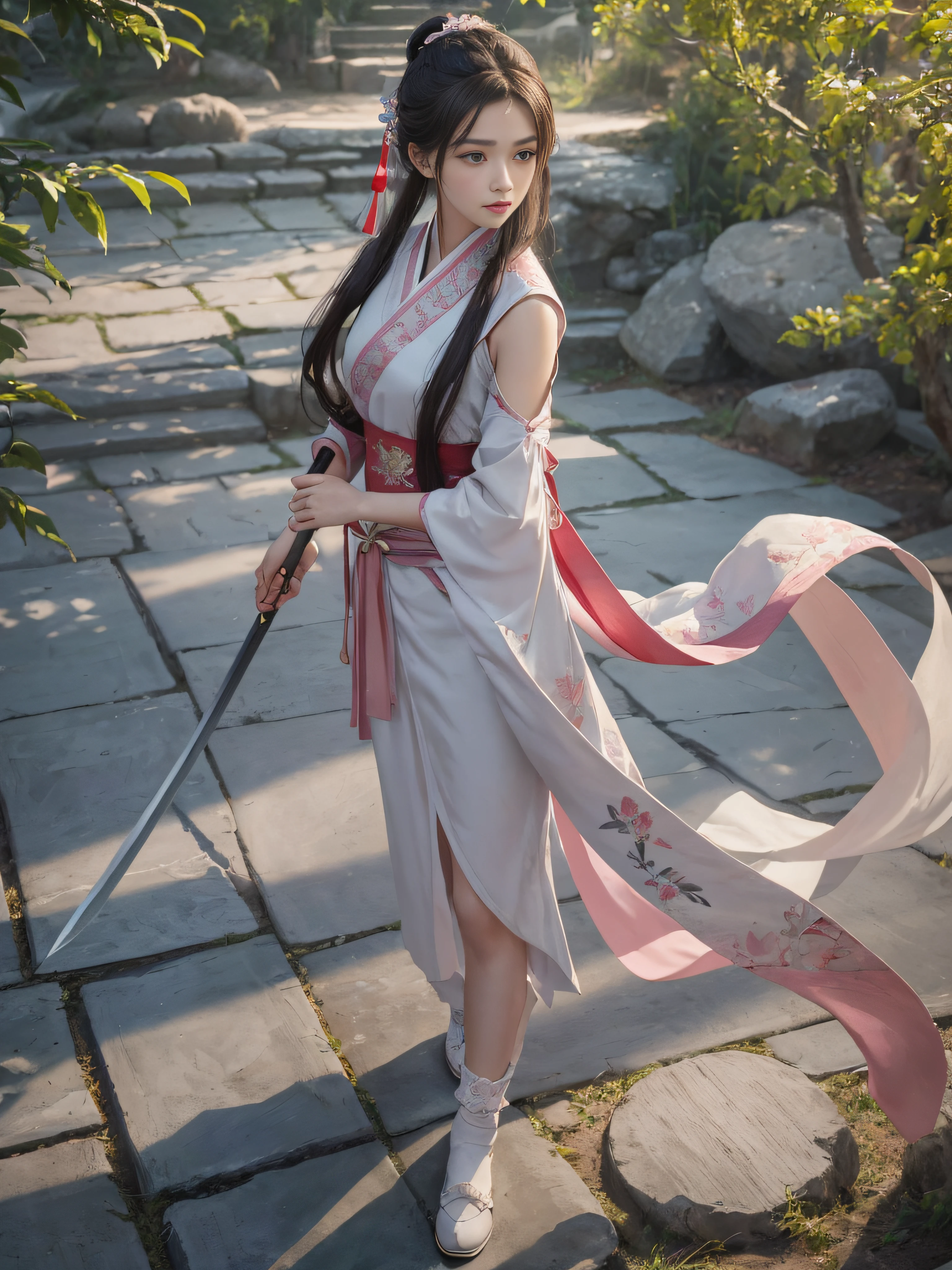 Royal sister,swordsmen,Big sister type,Oriental women,gallant woman,A female disciple of the Emei School,Cold sass,tmasterpiece,A high resolution,,Absolutely beautiful,,looking toward the viewer,frontage,(Wide buttock:1.3),(Thick legs:1.4),are standing,cruel grin,exquisitedetails,A high resolution,Wallpapers,,Wear embroidered shoes,flat shoes,sockes,Pale pink Hanfu,ancient wind,Hanfu,Embroidered with exquisite floral motifs,clubs,Wide waistband,The emblem of the Emei faction,Hair is usually black or dark brown,Long hair shawl,Use a headband or ribbon to tie into a simple ponytail or bun。They wear some simple headdresses on their heads,Like a hairpin、hairpins, etc,Beautiful appearance,Good facial features,The eyes are shining,with fair skin,with a well-proportioned body,Act lightly,Like a fairy。natural poses,standing on your feet,sword sheath,sabre, Fanning,16K,HDR,A high resolution,depth of fields,Bocoon,prime time,Vignette,rainbowing