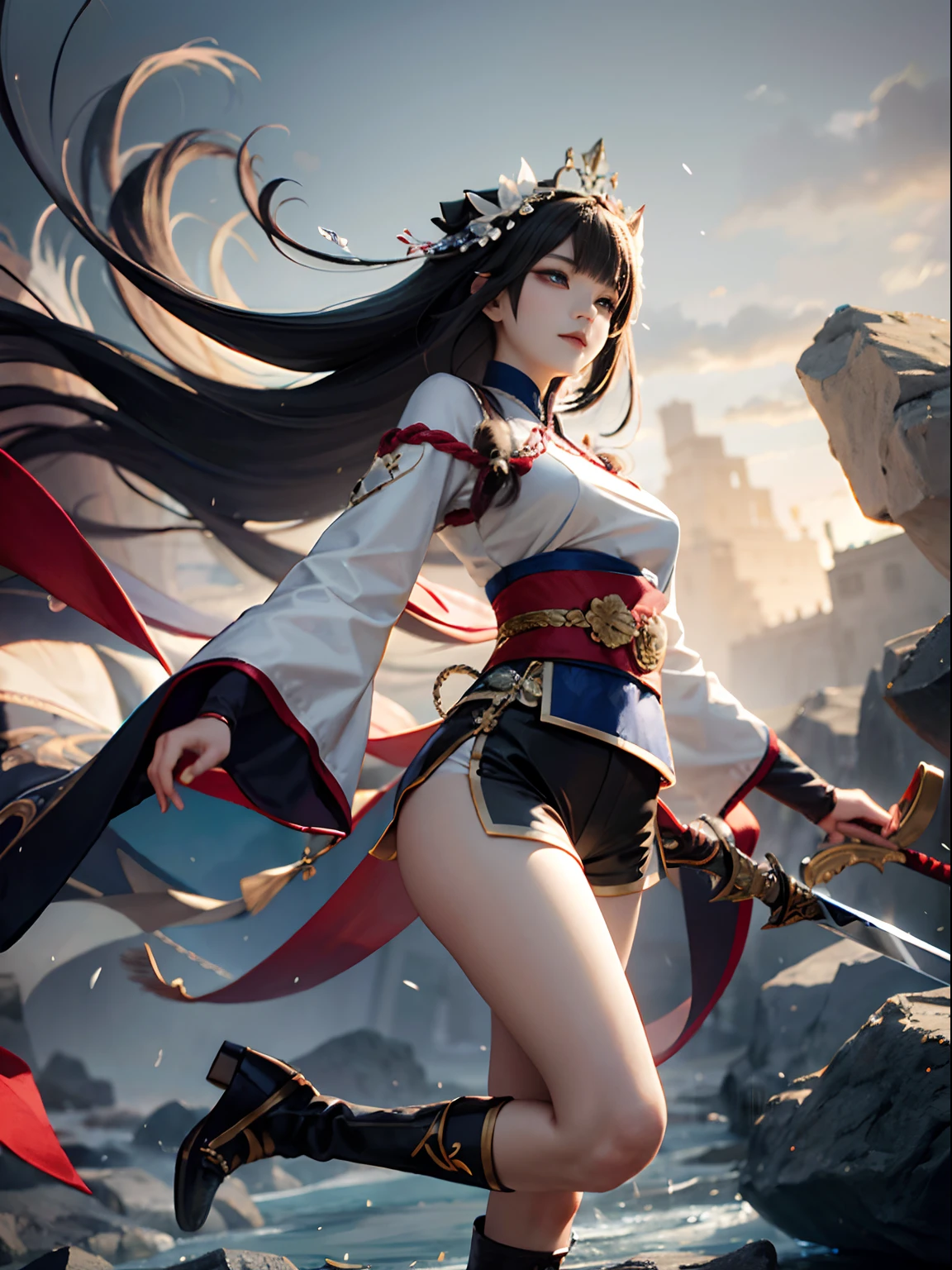 Royal Sister，swordsmen，Big sister type，Oriental women，gallant woman，Cold ass，tmasterpiece，A high resolution,,Absolutely beautiful,，looking toward the viewer，frontage，（Wide buttock：1.3），（Thick legs：1.4），are standing，exquisitedetails,A high resolution,Wallpapers,1female,独奏,，Enchanted， cruel grin，Ancient wind，Hanfu,，Black all over，Dark，is wearing a shorts，Wear boots，Wear knee-length cotton socks，Ro socks，Embroidery, natural poses,standing on your feet， Fanning，16k，hdr，A high resolution，depth of fields，Bocoon，prime time，Vignette，rainbowing