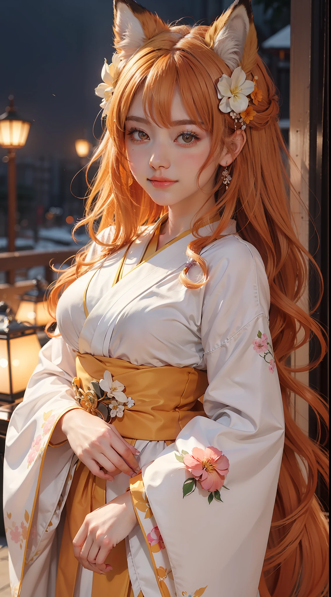 Masterpiece, Best quality, Highly detailed, 1girll, Solo, (:3:1.1), sanimal ear fluff, Animal ears, Orange hair, Fluffy hair, Blush, Brown eyes, flower, Fox ears, Fox girl, Gradient, Gradient background, hair flower, hair adornments, Japanese clothes, komono, view the viewer, miko, Smile, Solo, White kimono, Beautiful lighting, (Alena Ainami:1.3)
