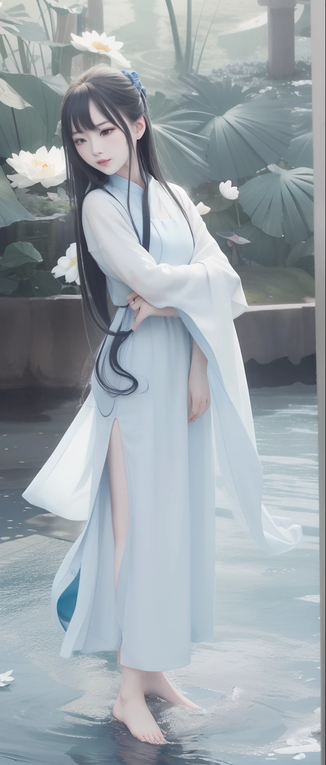 ((4k,masterpiece,best quality)), shuimobysim, traditional chinese ink painting, lotus, hanfu, maxiskit, dress conservatively 1girl, solo, long blue hair, smile, standing, feet in the water, barefoot,