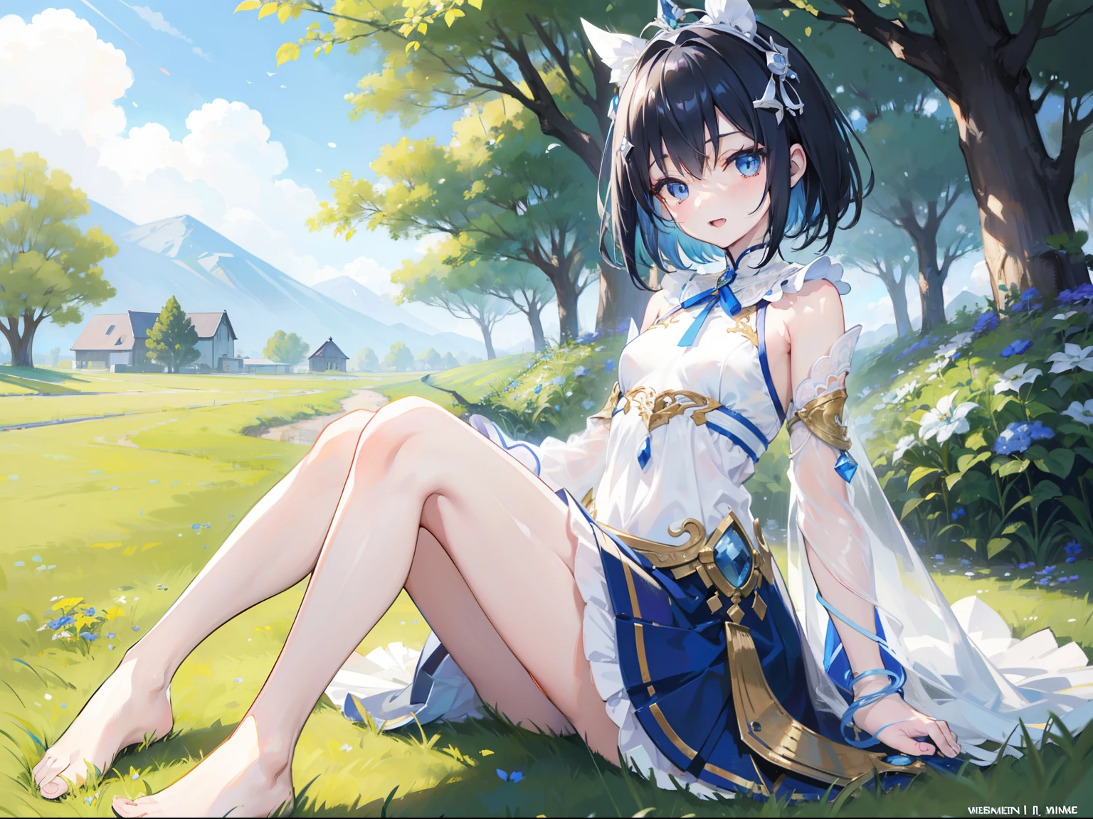 Anime short 7 year old girl, Light Blue and White armor dress, short ish black hair, hair accessories, subtle blue eyes, nose, smiling, open mouth, pale skin, wearing feet decorations, neck, shoulders, small chest, arms, hands, thin waist, legs, big thigh, bare round small feet, wearing partial see through thigh wear, cute, gold stripes on dress, a grass field in a village, sitting calmly, cinematic light, high resolution, highest quality, ultra detailed, detailed face, (detailed eyes), best quality, hyper detailed, masterpiece, (detailed face), clean face
