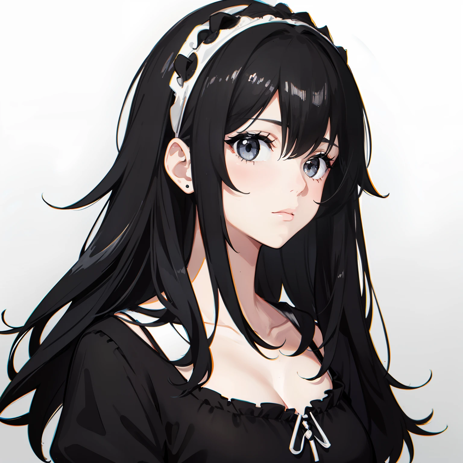Nonchalant expression, black and white, disheveled fringe, medium messy hair, alluring look, black and white,Black and white painting,White background,Side Face,Hairband