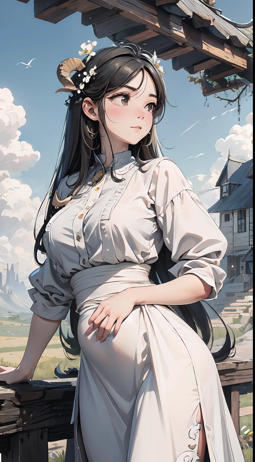 "At that time the sheep called to him
From their wormy bellies, as they
Lay bloating in the field. He was
A pastoralist,
The schoolhouse hardly handsize
In a sky of flax." 1girl,solo (masterpiece:1.2, best quality, digital art, hyperrealistic details, detailed digital art, realistic texture, detailed CG, extremely high detail, digital illustration)
