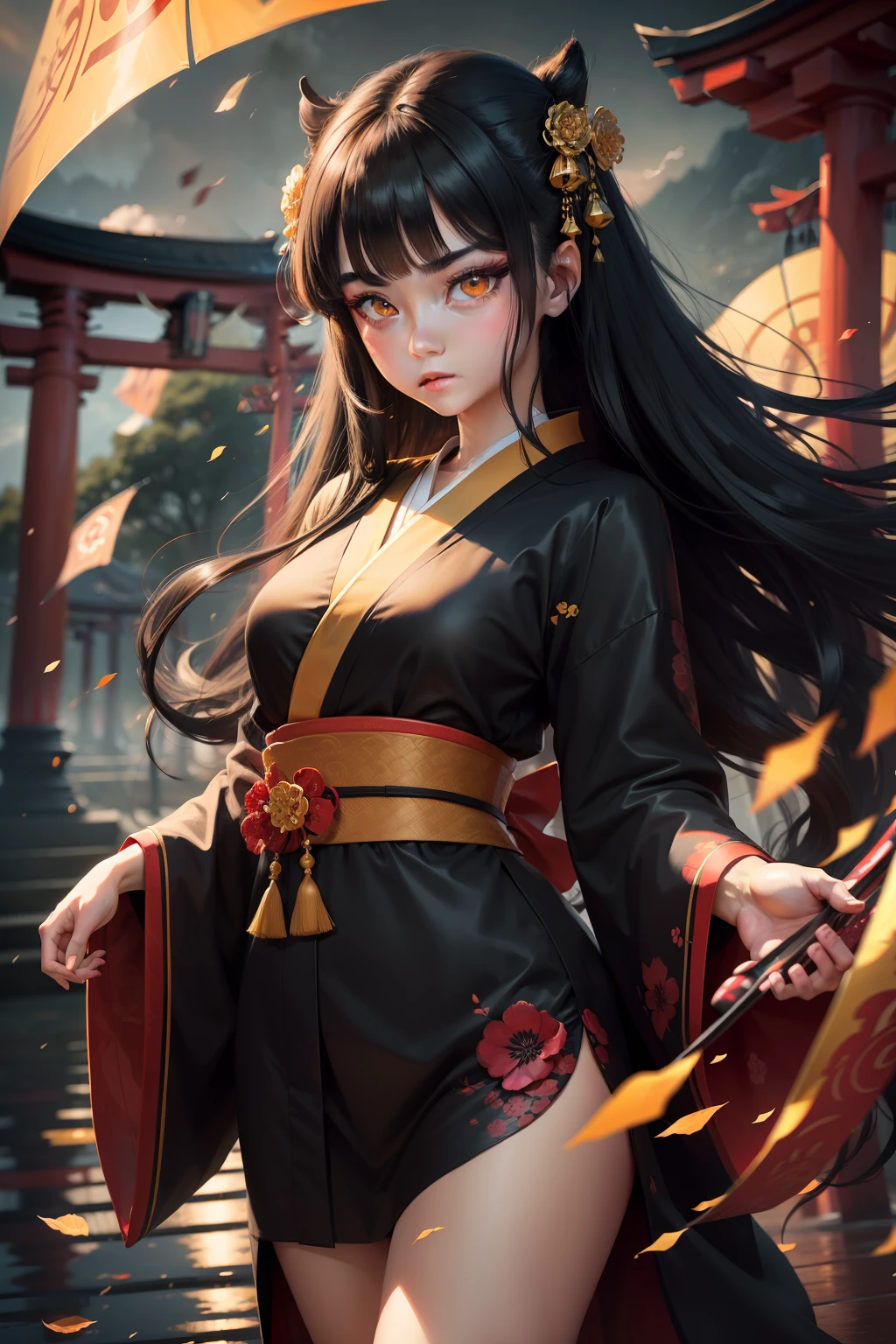 masterpiece, best quality, ultra-detailed, absurdres, 1girl, yellow eyes, black hair, long hair, floating hair, detailed eyes, wide-eyed, eyelashes, looking at viewer, torii, red theme, kimono, walking, particles