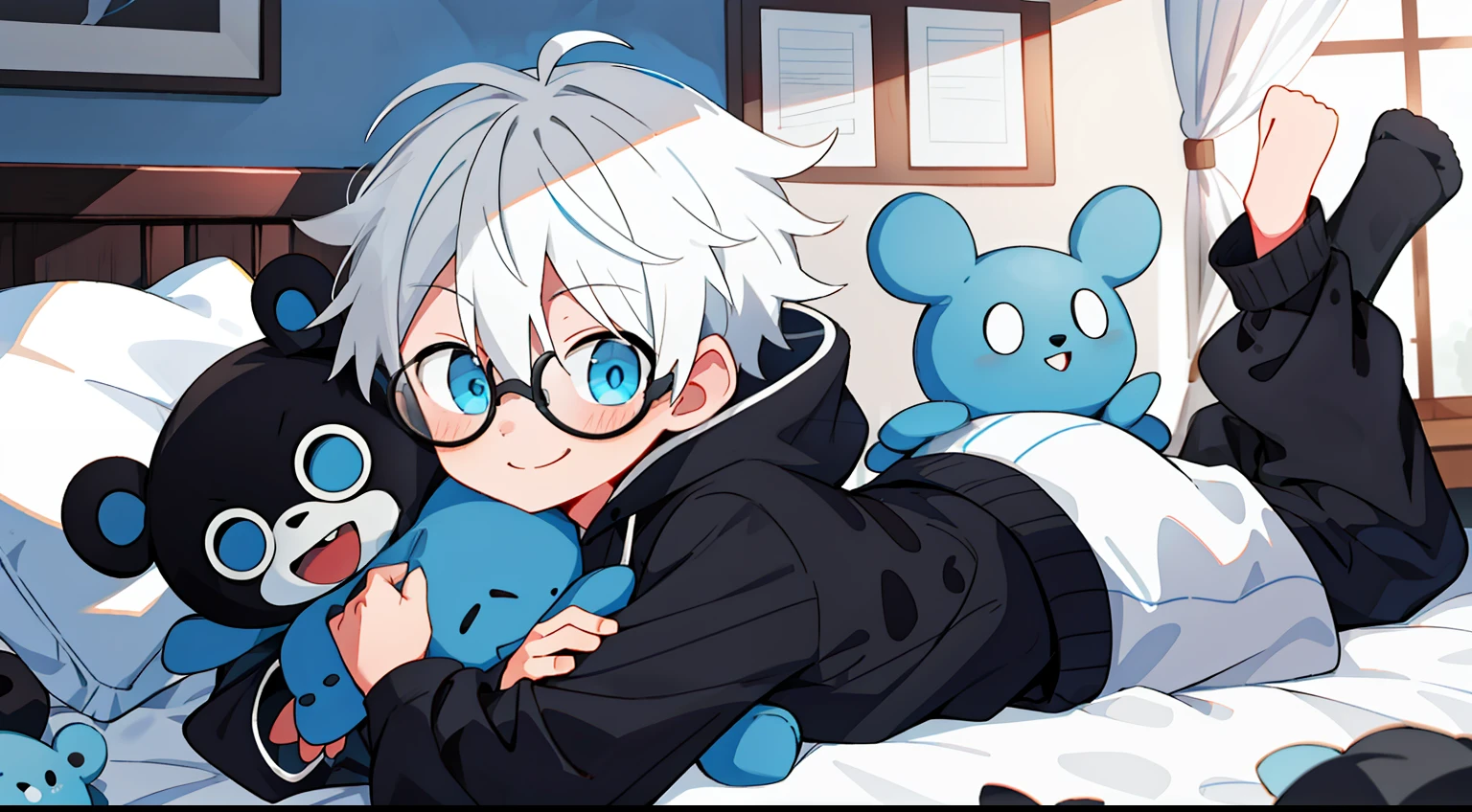 boy boy, black and white hair, wear round glasses, blue eyes, shyness, smiling, Hugging stuffed animals, Wear an oversize hoodie, short pants, Black socks, lying in bed