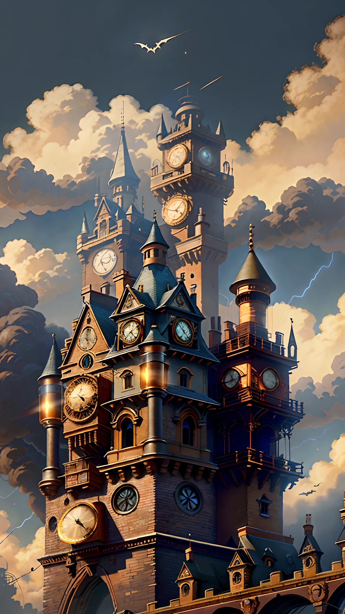 Steampunk AI、Cogpunk helicopter、City Castle、steampunc、Beyond the Future、Ultra image quality、Delicate background、Delicately expressive buildings、Black building、Castle of the Demon King、The weather is lightning、Small bats around