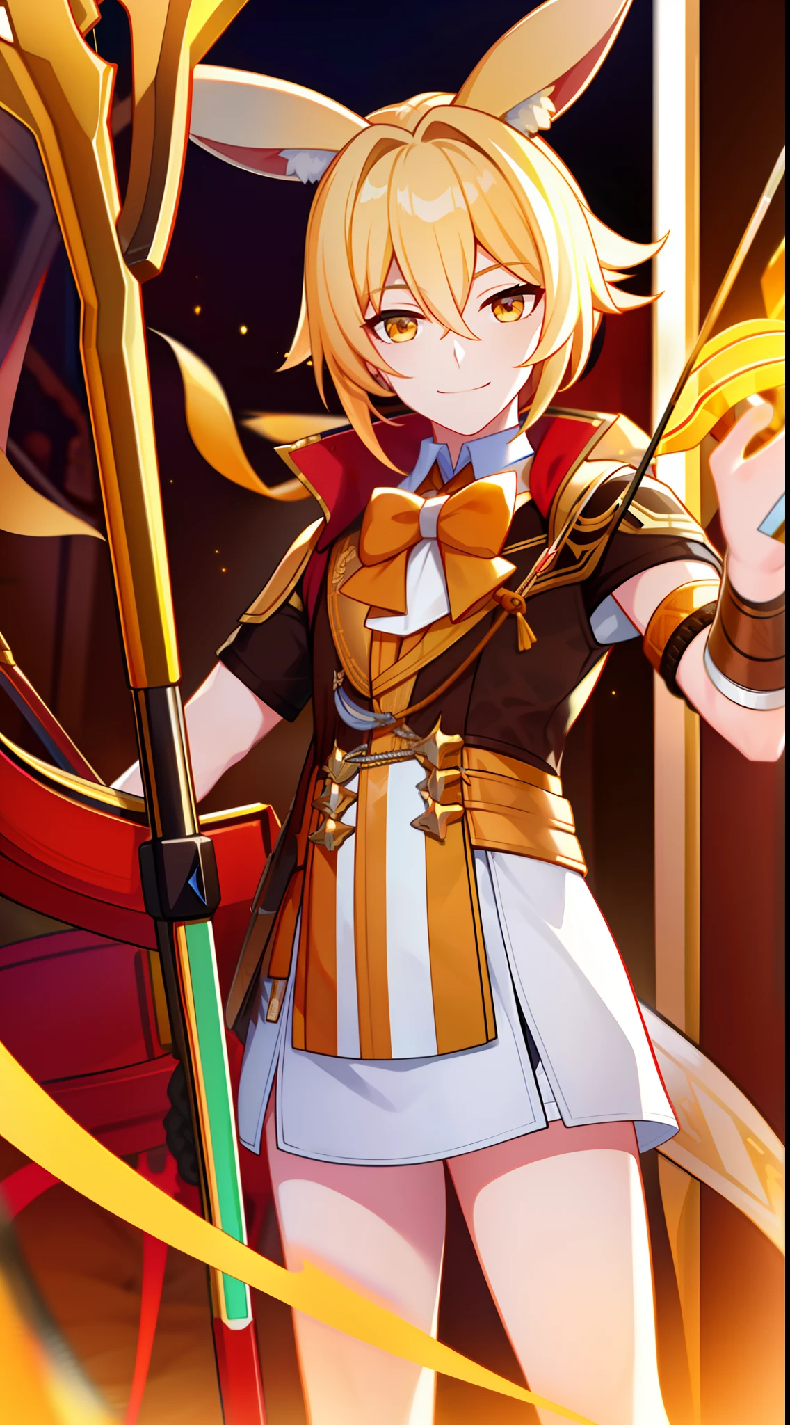 Young guy, blonde hair with brown strands, Yellow eyes, brown rabbit ears, Smile, Bow and arrow, Masterpiece, hiquality