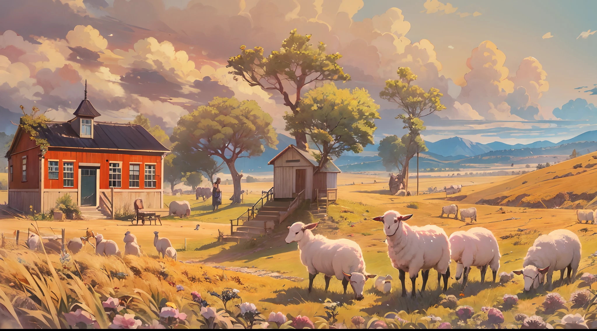 (best quality, extremely colorful, high detailed, super fine illustration, ultra-detailed resolution, high detailed CG, extremely detailed CG:1.12),(reflection), (wide shot:1.0)
BREAK
(wide shot),
(At that moment, the sheep called out to him, their bellies teeming with worms as they lay in the field. He, a shepherd, stood amidst a sky of flax, with a schoolhouse no larger than the palm of his hand. Let this scene come alive in an enchanting image, capturing the pastoral beauty and the connection between man and nature.),
, scenery,