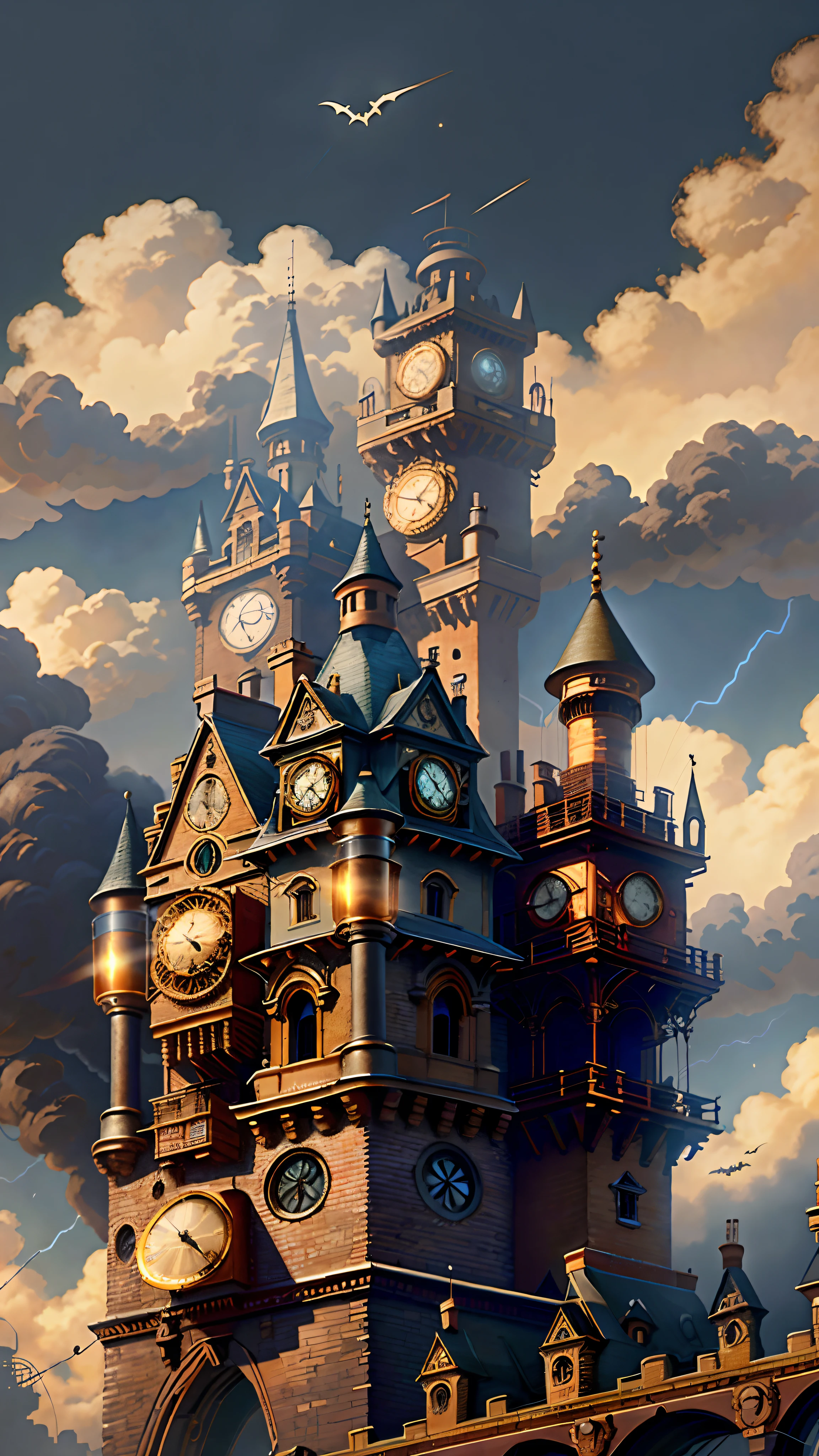 Steampunk AI、Cogpunk  helicopter、City Castle、steampunc、Beyond the Future、Ultra image quality、Delicate background、Delicately expressive buildings、Black building、Castle of the Demon King、The weather is lightning、Small bats around