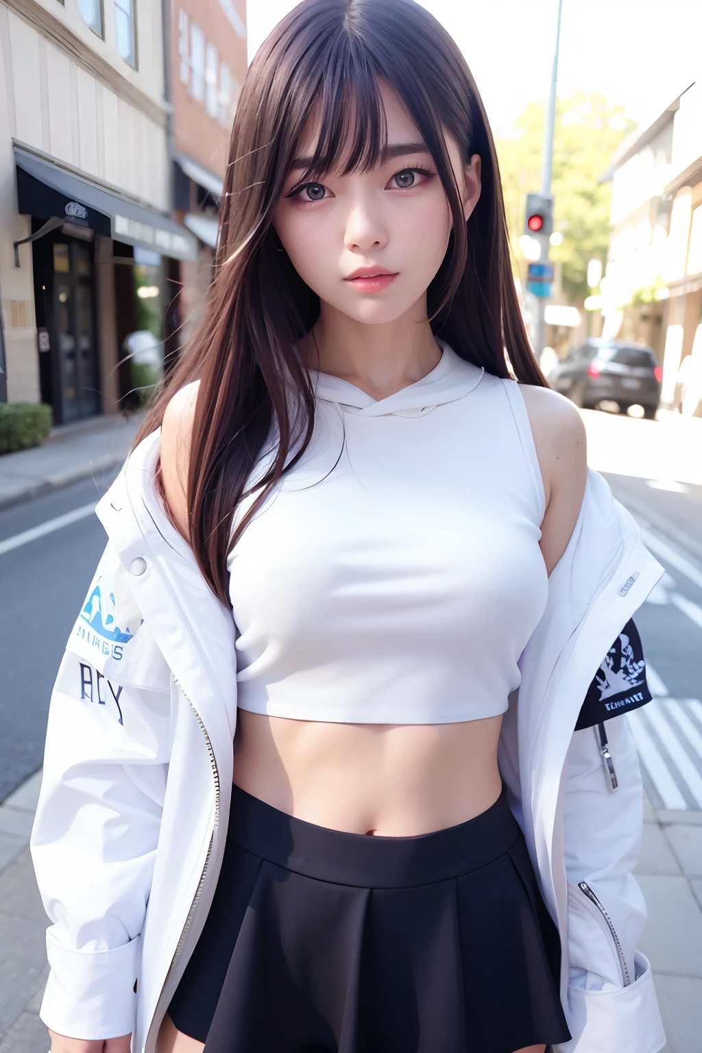 top-quality、超A high resolution、(Photorealsitic:1.4)、(ulzzang-6500:0.4)、1girl in、韓国アイドル、length hair、A dark-haired、Light brown hair、O cabelo multicolorido、Realistic eyes, Beautiful eyes、croptop、a miniskirt、Big white hoodie、In the street、