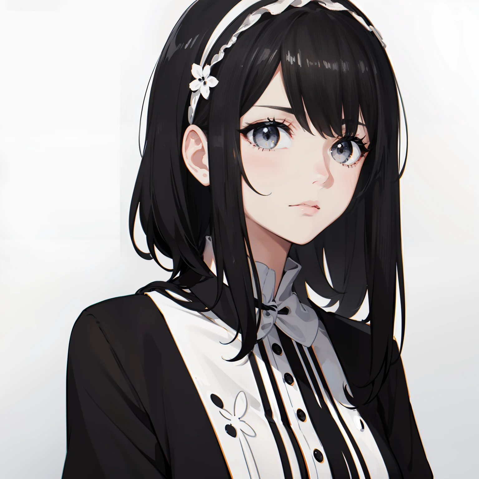 Nonchalant expression, black and white, disheveled fringe, medium messy hair, alluring look, black and white,Black and white painting,White background,Side Face,Hairband