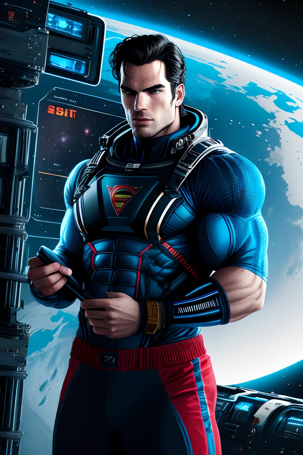 Henry Cavill, muscular, ciberpunk (masterpiece:1.2), at space, space station, (best quality), (ultra detailed), (8k, 4k, intricate),(highly detailed:1.2),