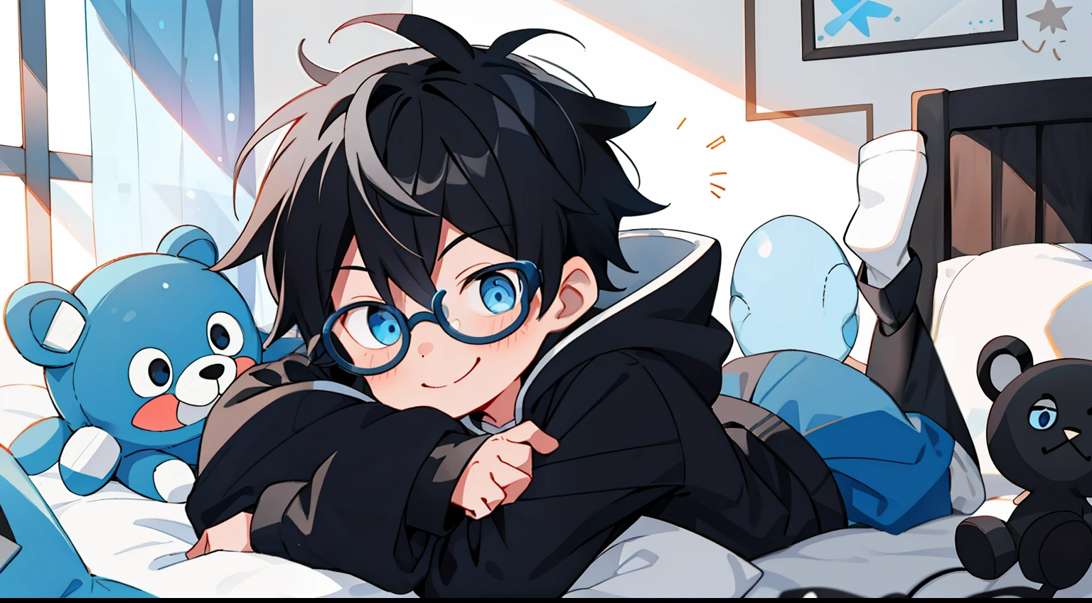 boy boy, black and white hair, wear round glasses, blue eyes, shyness, smiling, Hugging stuffed animals, Wear an oversize hoodie, short pants, Black socks, lying in bed