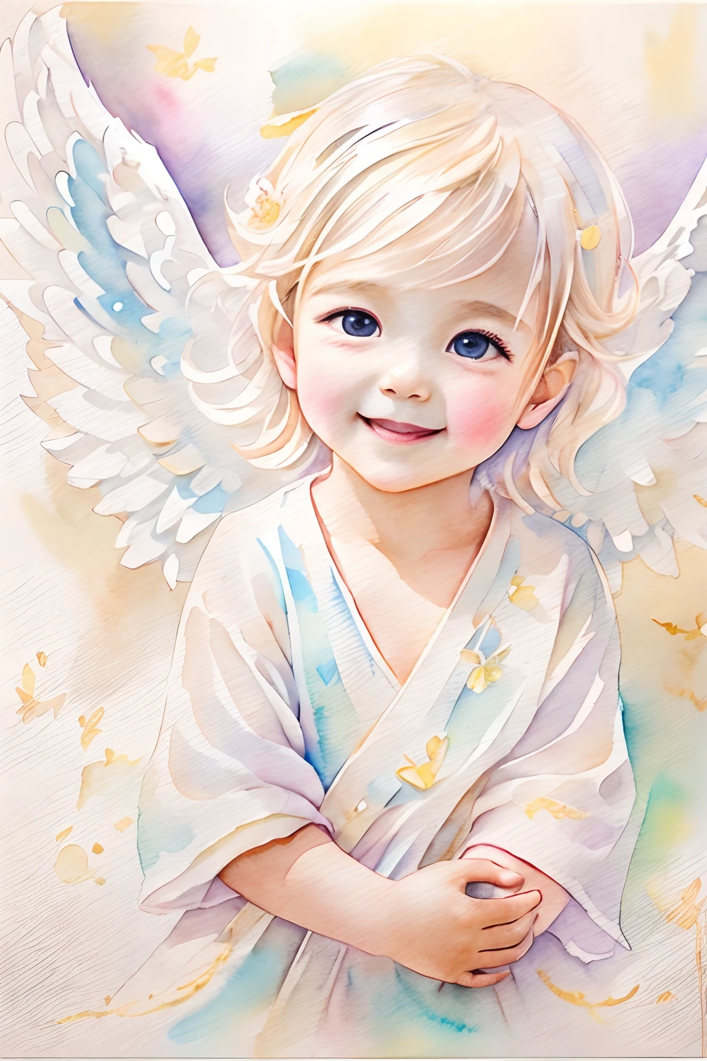 Blessings of Angels､Bright background、heart mark、tenderness､A smile、Gentle､Baby Angel、watercolor paiting