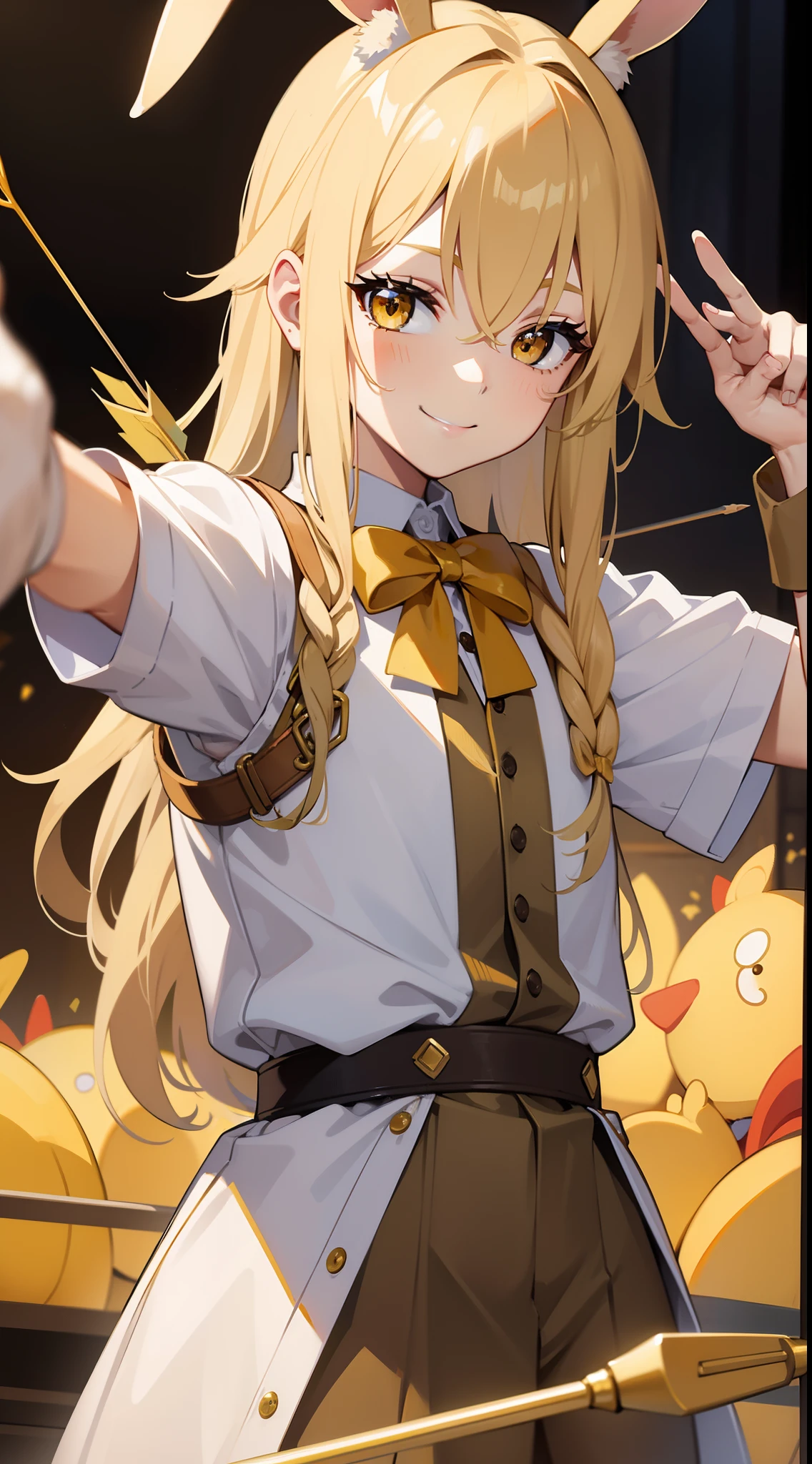Young guy, blonde hair with brown strands, Yellow eyes, brown rabbit ears, Smile, Bow and arrow, Masterpiece, hiquality