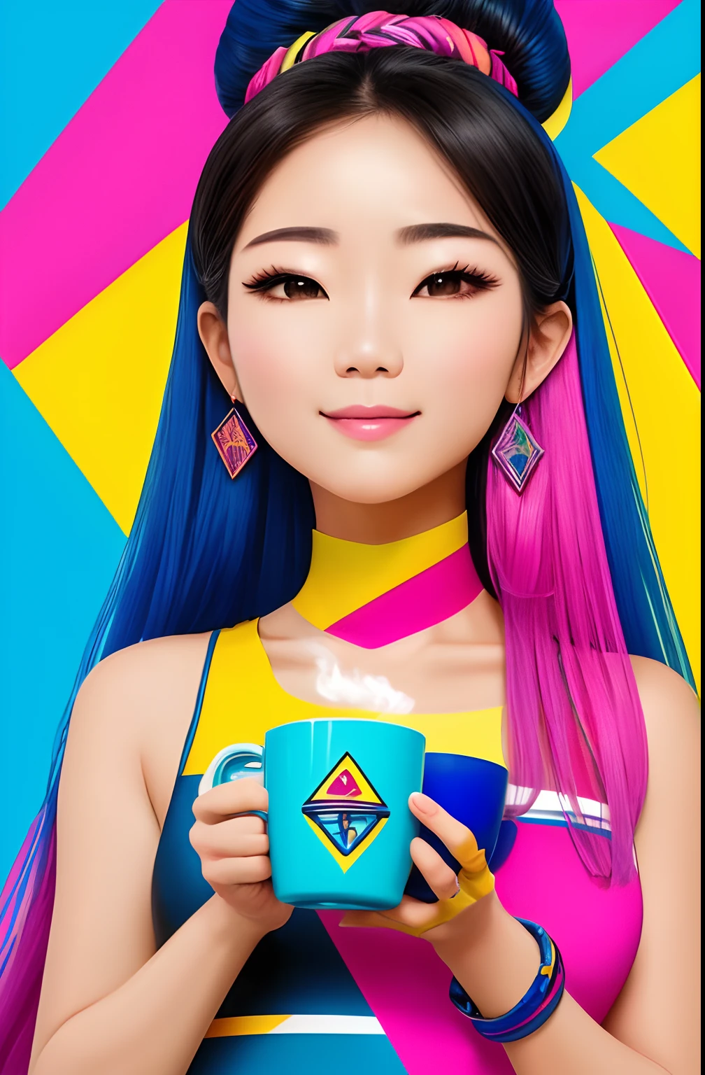 (A BEAUTIFUL HAPPY SOUTH KOREAN WOMAN WITH A NICE CUP OF COFFEE COMING OUT SMOKE IN HER HAND, Beautiful cup ,Coloridas ,pink and blue and yellow WRITTEN WE COOFFE IN THE CUP ), Eduardo Kobra ,Romero Brito,The Filling Twins ,multidimensional geometric wall PORTRAIT, arte, Chibi,
Yang08k, lindo, Colouring,
Primary works, qualidade superior, melhor qualidade, Arte Oficial, Beautiful and Aesthetic, 128 mil