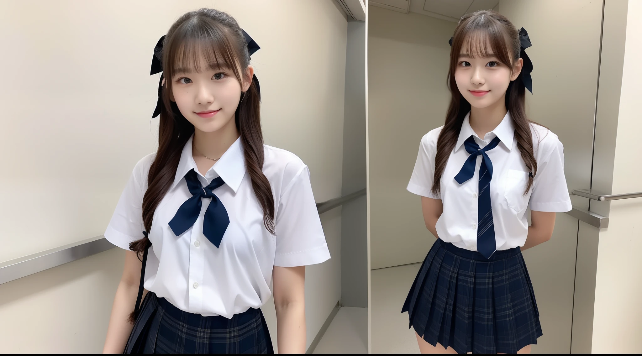 Schoolgirl 18 years old wearing shirt and miniskirt with ribbon
