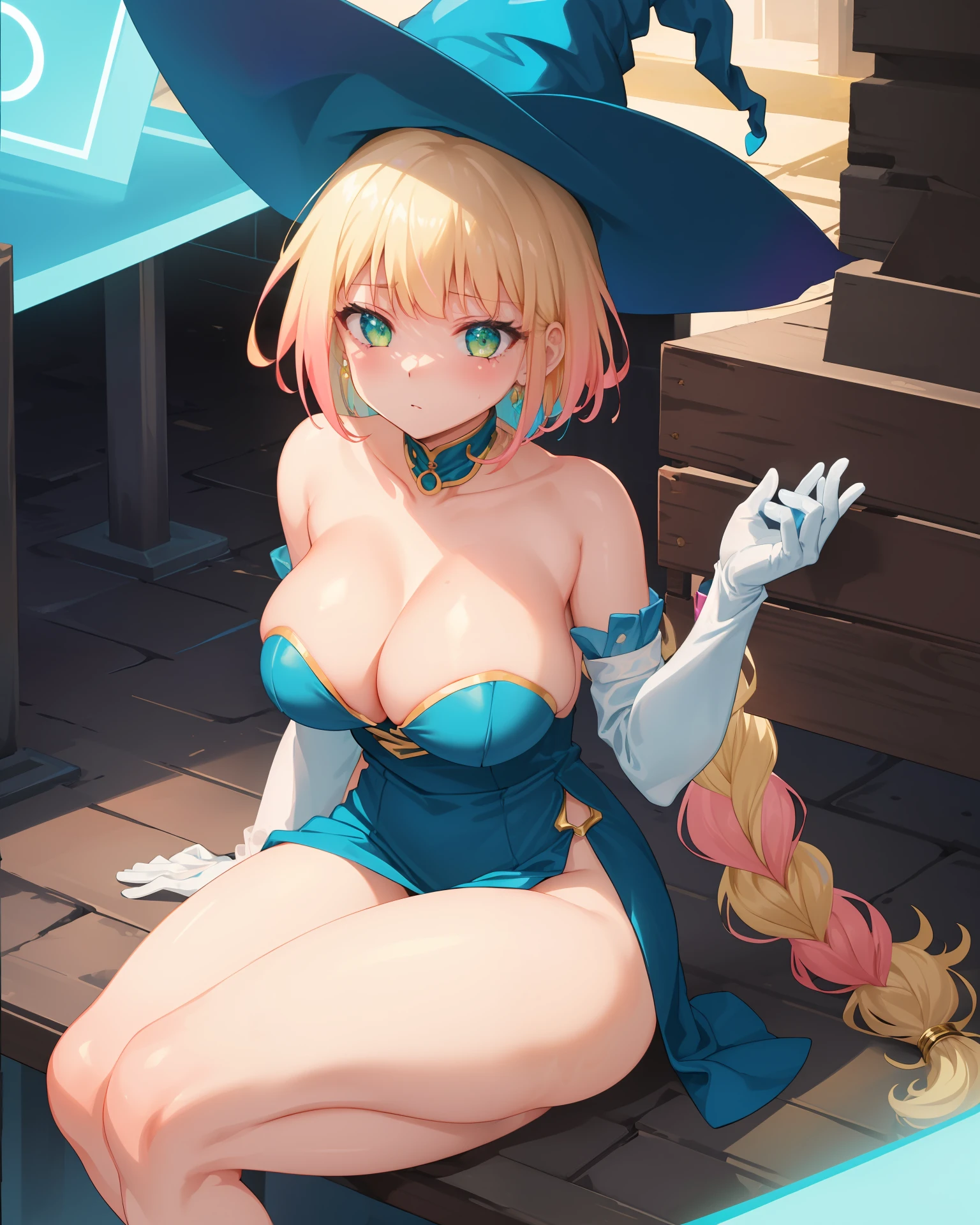 ((masterpiece)), best quality, ultra-detailed, illustration, solo, 1girl, adult, demia duodectet, breasts, cleavage, witch hat, blue dress, bare shoulders, leg slit, thick thighs, short strapless dress, long white gloves, gold jewelry, green eyes, bangs, multicolored hair, single braid, blonde hair, pink hair, long hair, pink tips, looking at viewer,sparkles, neon lights, neon, city,