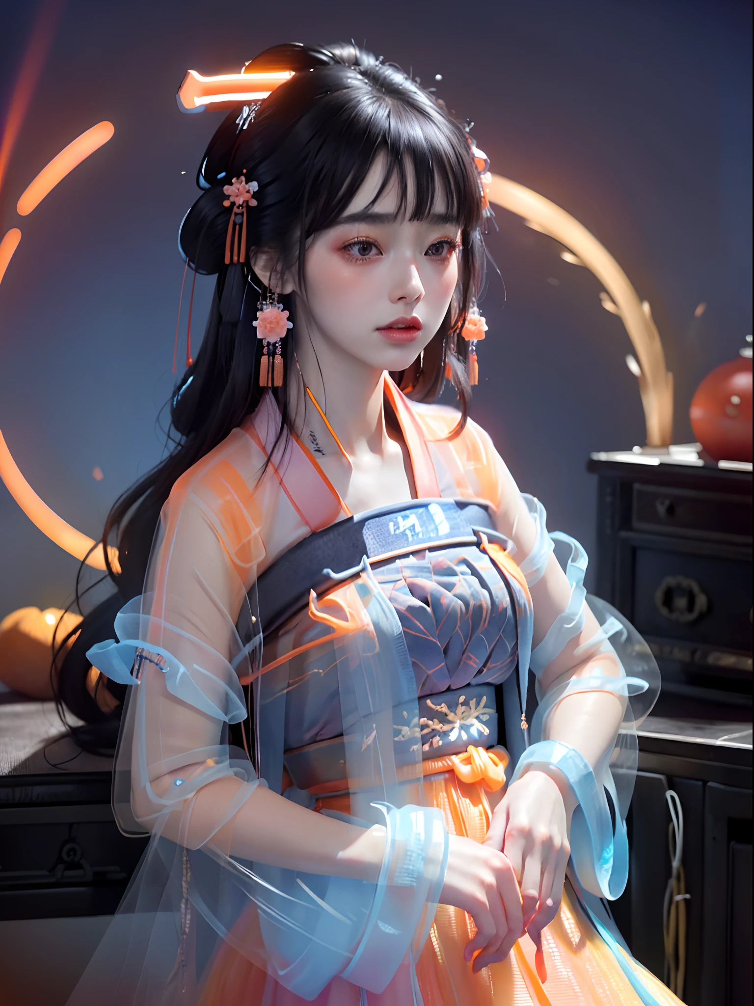 (fluorescent colors:1.4),(translucent:1.4),(retro filters:1.4), (fantasy:1.4), (orange background:1.4),
(1girl wearing (orange pink hanfu:1.3), tang style, blunt bangs, black hair),
((portrait:1.5)), looking at viewer,
(masterpiece, 8k uhd, HDR, extreme detailed, intricate details, best quality, professional, vivid colors),