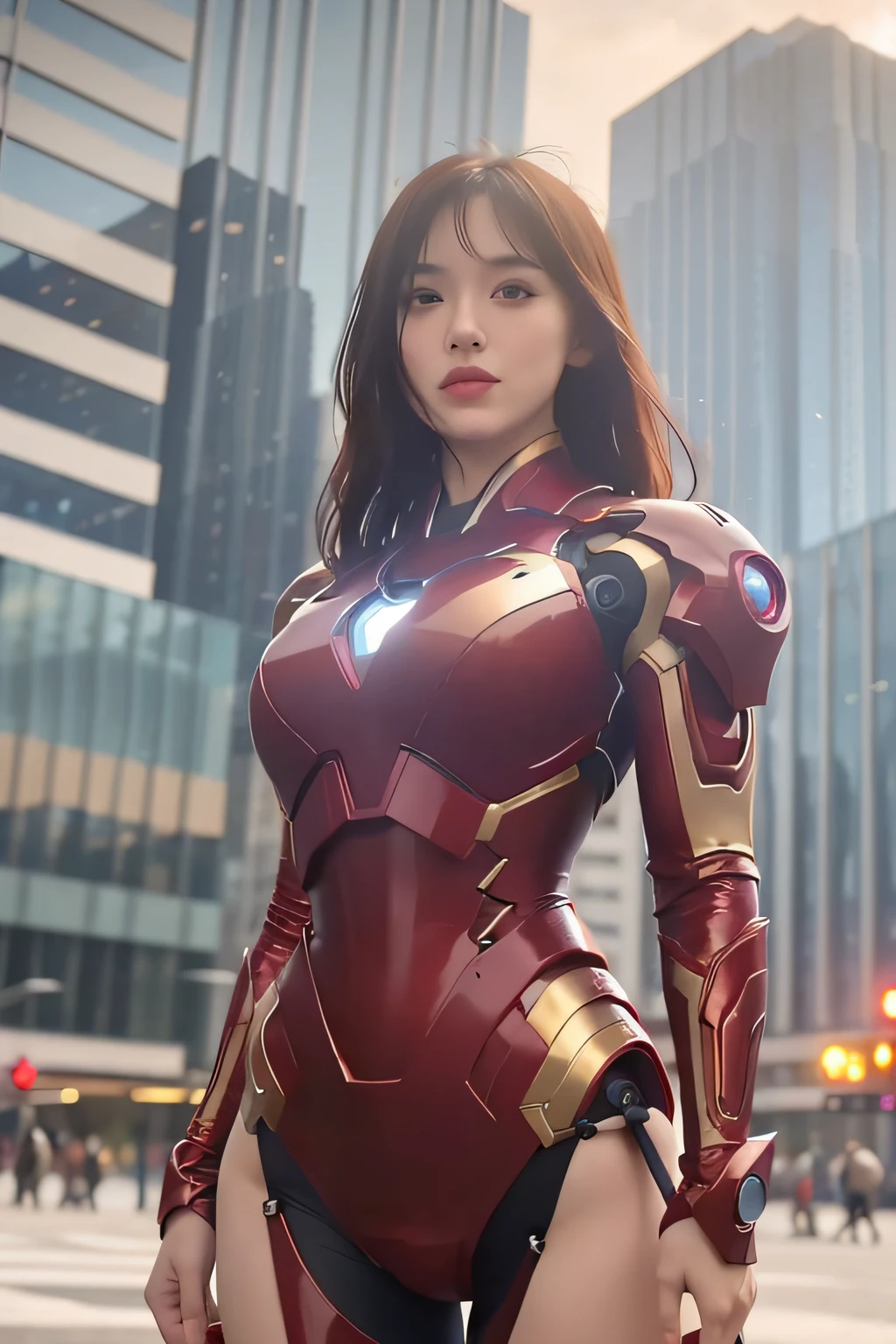 8k, realistic, attractive, highly detailed, a 20 year old girl a sexy and attractive woman inspired by Iron Man wearing a shiny Iron Man mech. She dresses with sexiness and confidence, perfectly interpreting Iron Man&#39;s strength and charisma. In a cyberpunk-style city night scene, a sexy and attractive woman takes Iron Man&#39;s cosplay as the theme. Wearing a shiny Iron Man mech, she stands on a street lined with tall buildings. The night lights of the city are bright, reflecting on her mecha, adding a sense of future technology. The surrounding buildings and streets are full of cyberpunk elements, such as neon lights, high-tech devices and futuristic architectural designs. The whole scene is full of futuristic and sci-fi atmosphere. This high-definition, high-quality picture will bring you stunning visual enjoyment, a perfect combination of sexy, futuristic and sci-fi elements. oc rendering, dramatic lighting, award winning quality